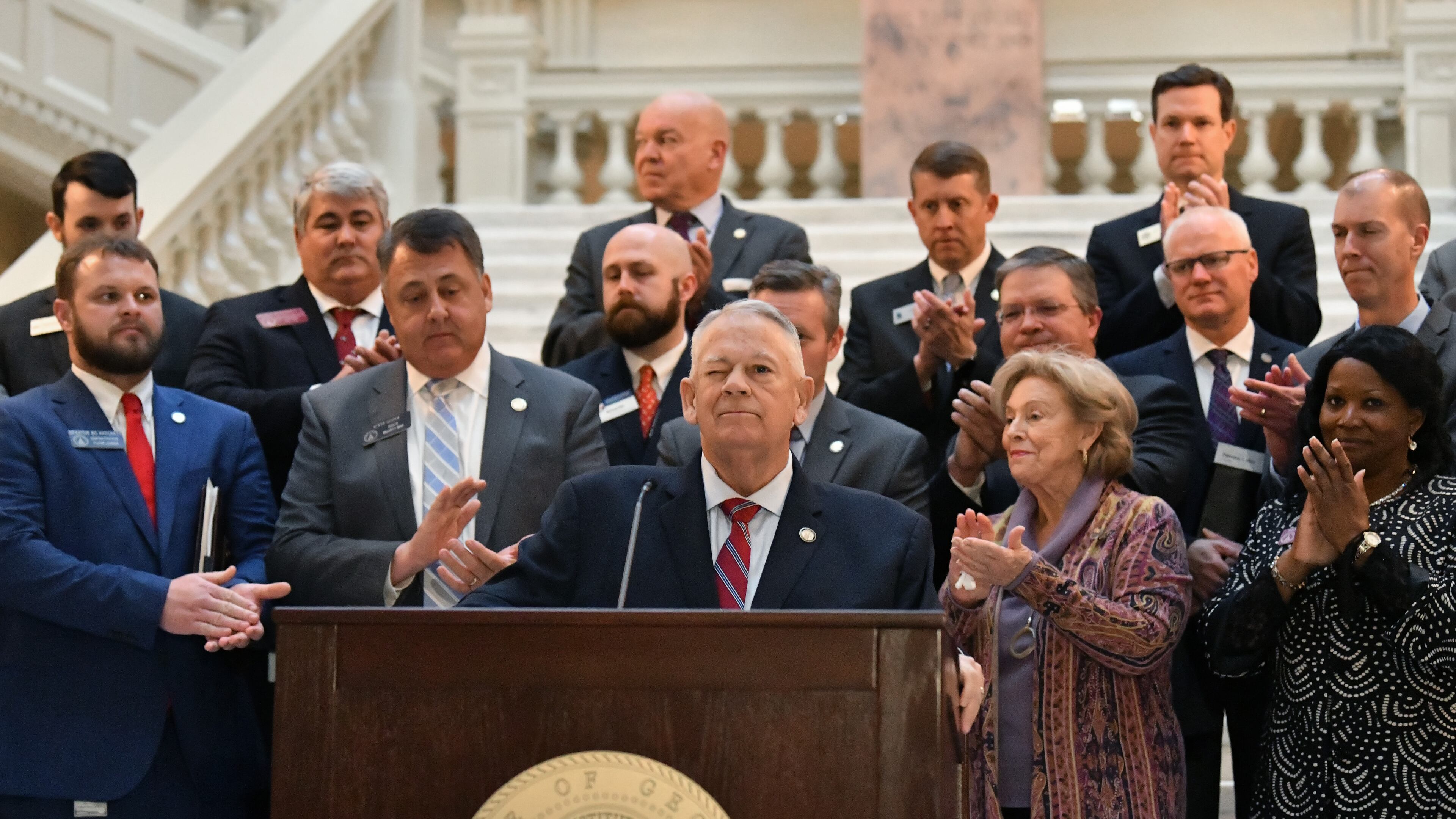 February 1, 2022 Atlanta - House Speaker David Ralston winks as he speaks during a press conference to announce plans to spend millions of dollars on expanding internet throughout Georgia, especially in rural areas that lack access at the State Capitol in Atlanta on Tuesday, February 1, 2022. (Hyosub Shin / Hyosub.Shin@ajc.com)