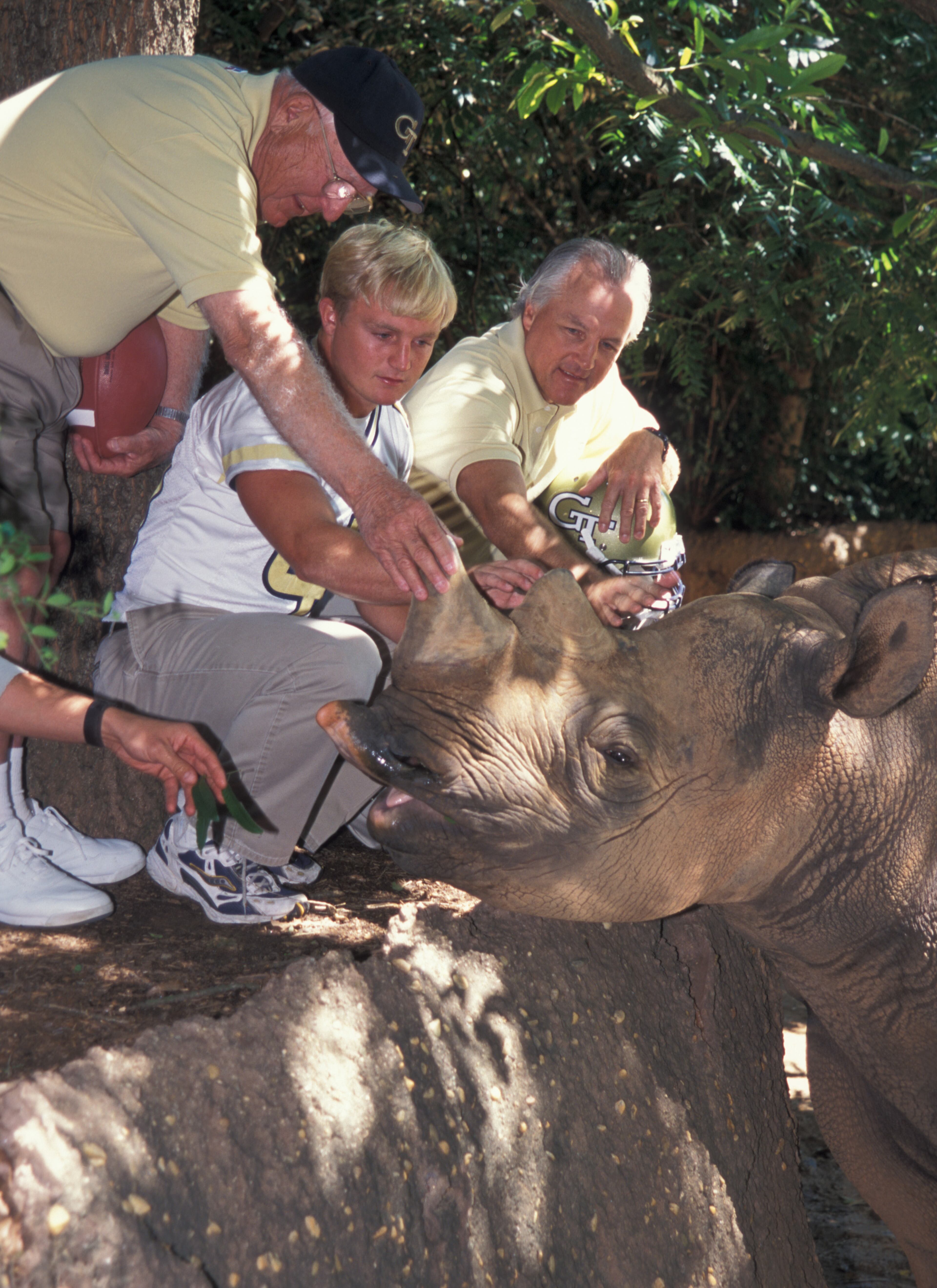 Three generations of the Rhino family played at Georgia Tech. Shown at the Atlanta zoo are (left to right) Chappell Rhino, who played at Tech from 1950-52; his grandson, Kelley Rhino, who played at Tech from 1999-2002; and son, Randy Rhino, who played at Tech from 1972-74. Randy's brother, Danny, played at Tech from 1974-76. (Photo courtesy of Georgia Tech Athletic Association)