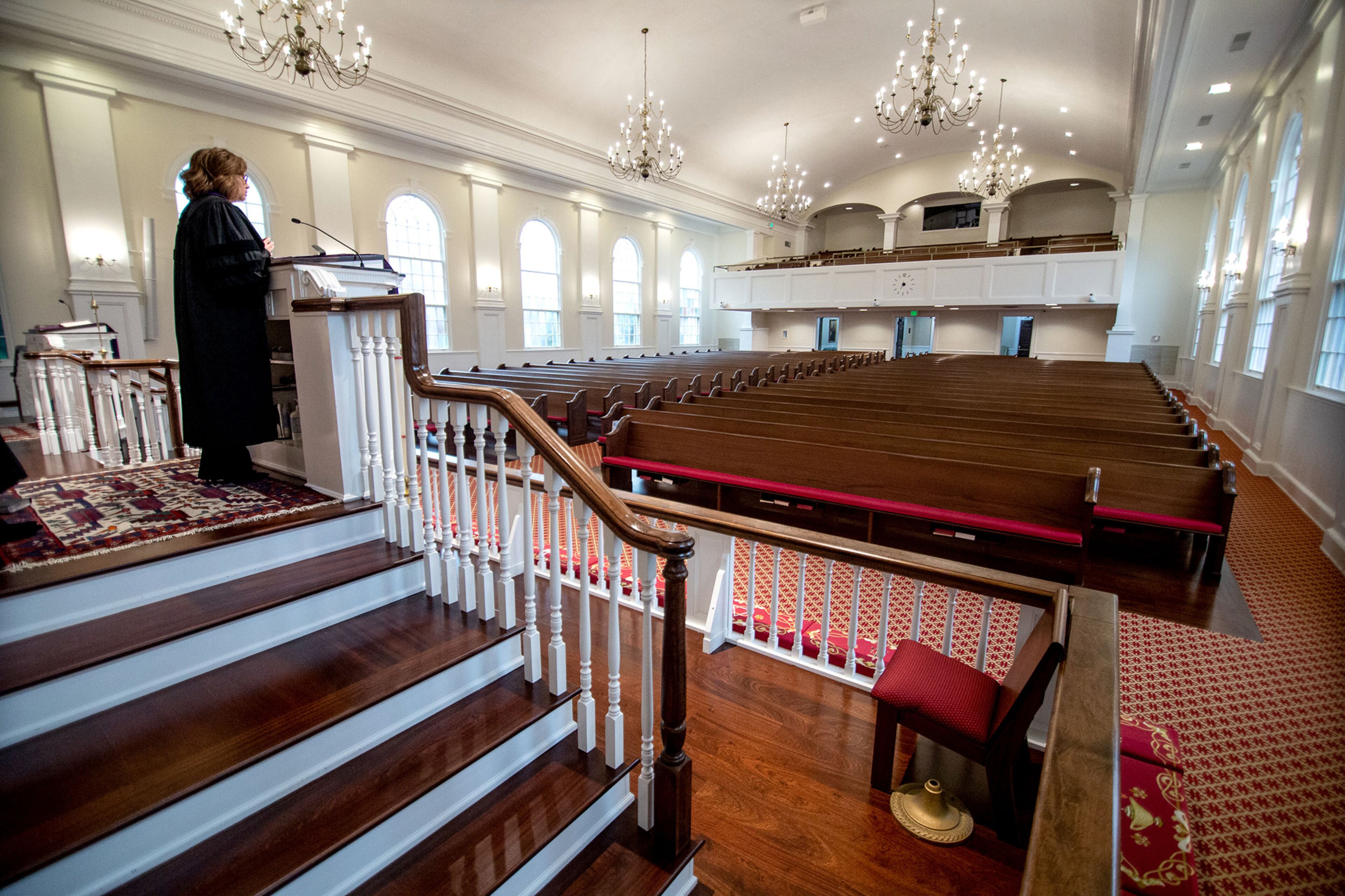 First United Methodist Church of Marietta senior Minister Rev. Dr. Julie Boone talks to her congregation through their Livestream Sunday service on March 15, 2020. STEVE SCHAEFER / SPECIAL TO THE AJC