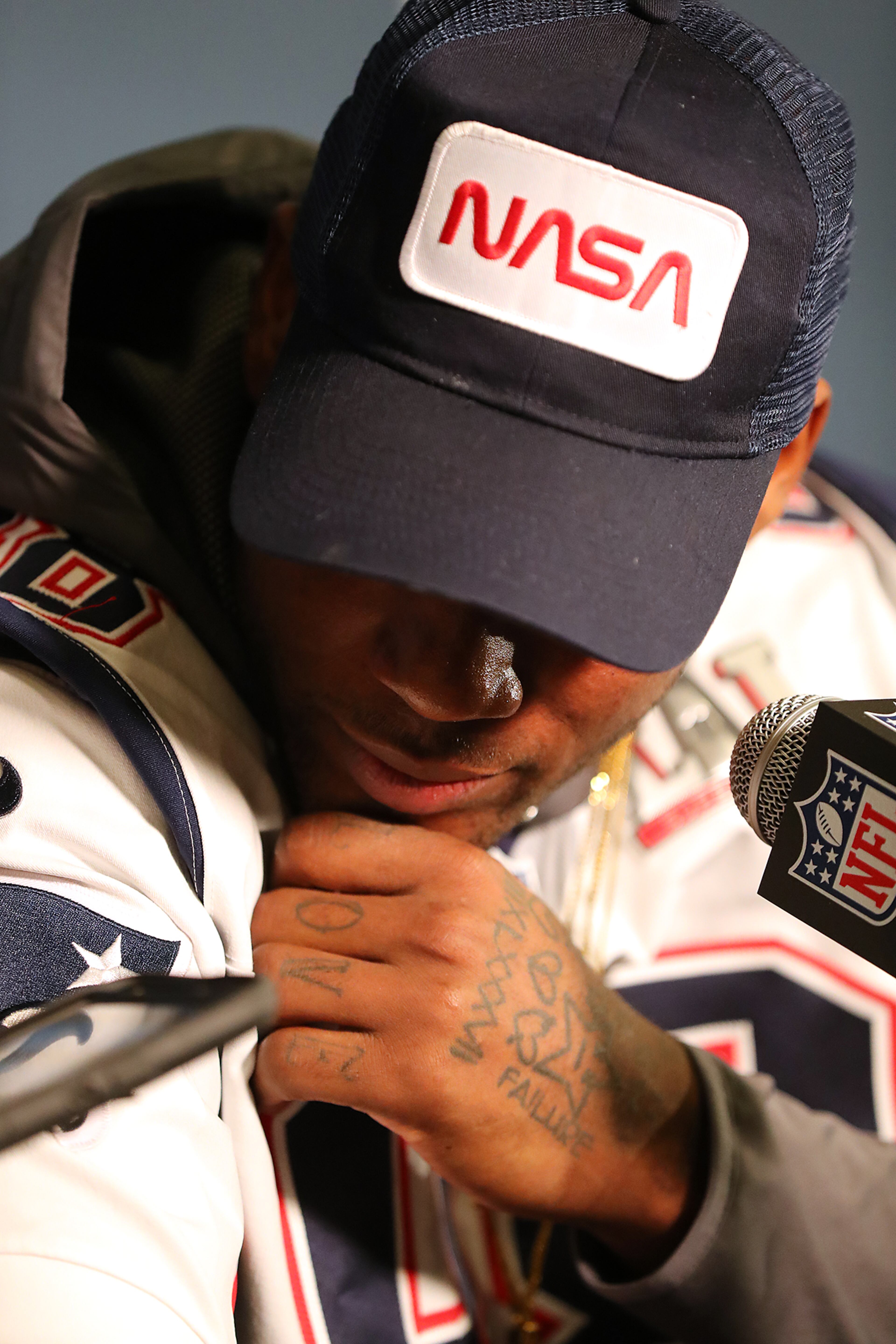 February 1, 2017, Houston: Patriots tight end Martellus Bennett sports a NASA hat while giving interviews at Super Bowl media availability in the JW Marriott Galleria on Wednesday, Feb. 1, 2017, in Houston. Curtis Compton/ccompton@ajc.com