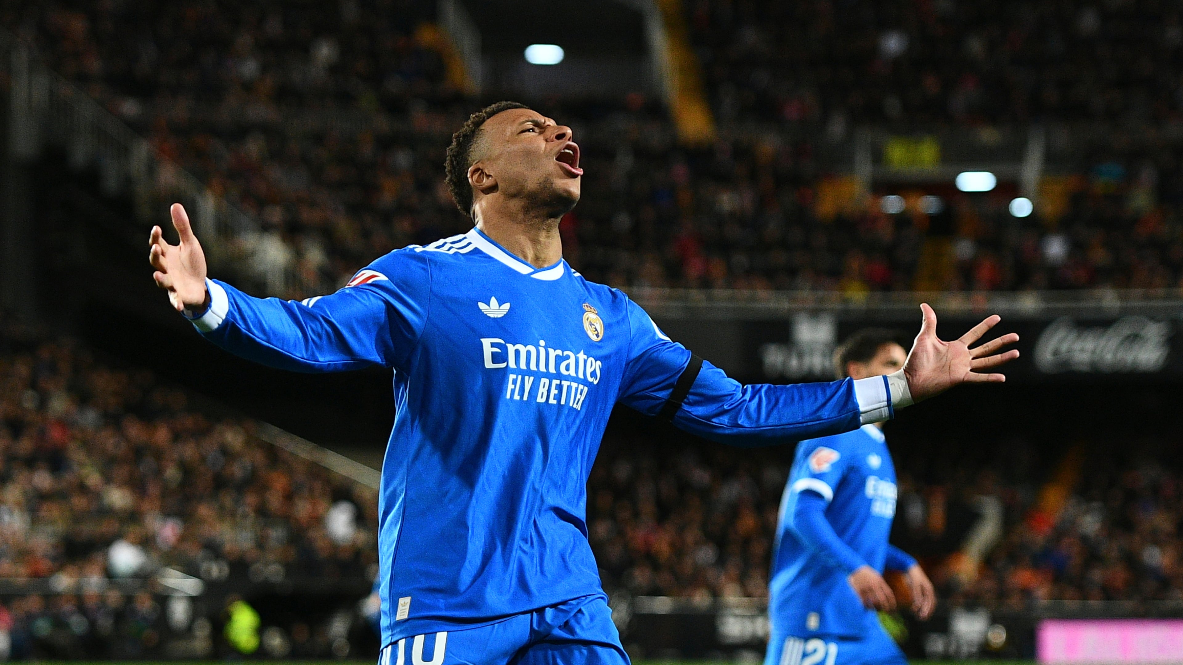 Real Madrid's Kylian Mbappe reacts during the Spanish La Liga soccer match between Valencia and Real Madrid in Valencia, Spain, Sunday, Feb. 8, 2026. (AP Photo/Francisco Macia)