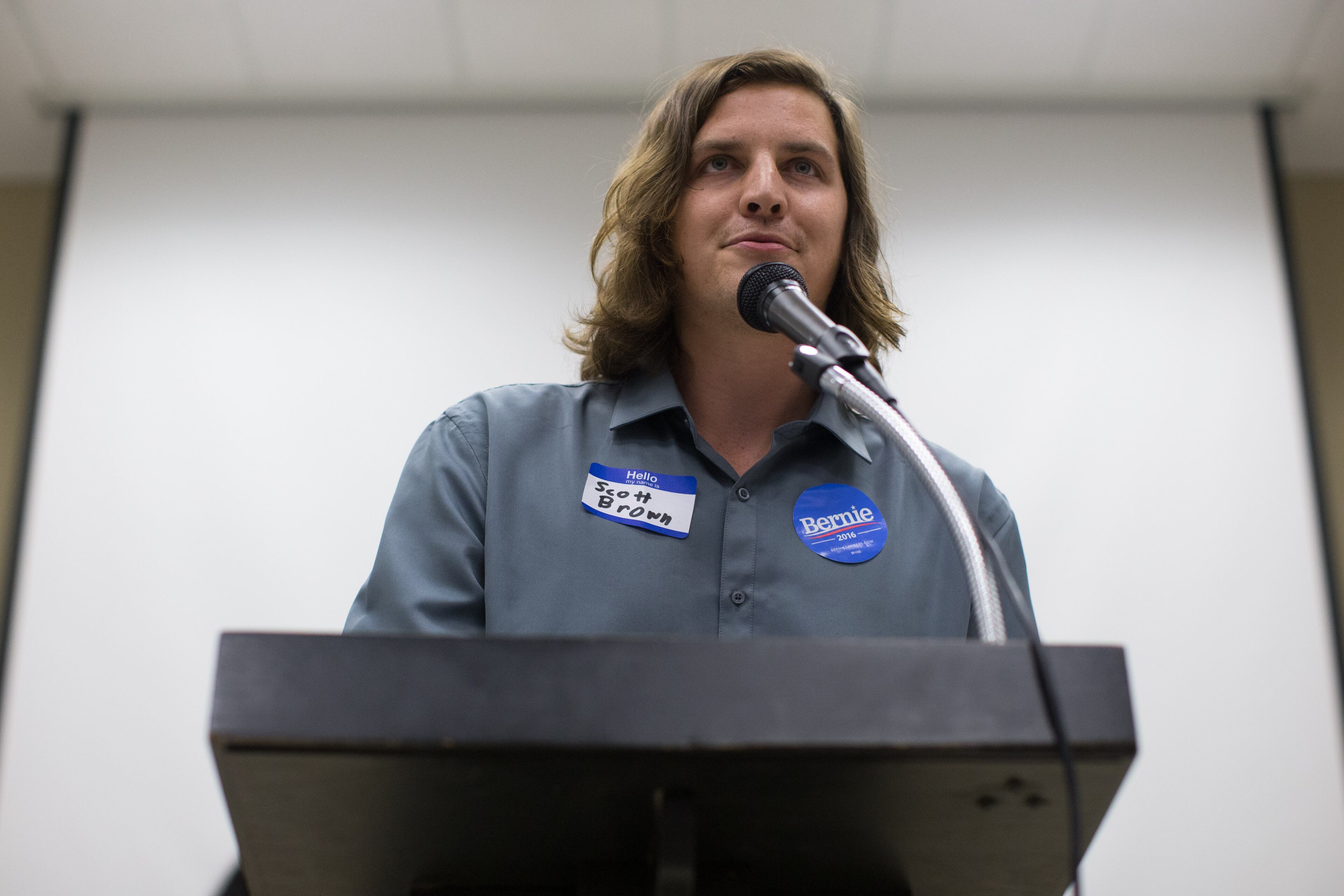 Scott Brown, who's running to be an at-large delegate for Democratic presidential candidate Bernie Sanders, speaks at the IBEW Local 613 Auditorium, Saturday, June 11, 2016, in Atlanta. Members of the Georgia Democratic Party gathered to elect at-large and alternate delegates to the Democratic National Convention in Philadelphia. BRANDEN CAMP/SPECIAL