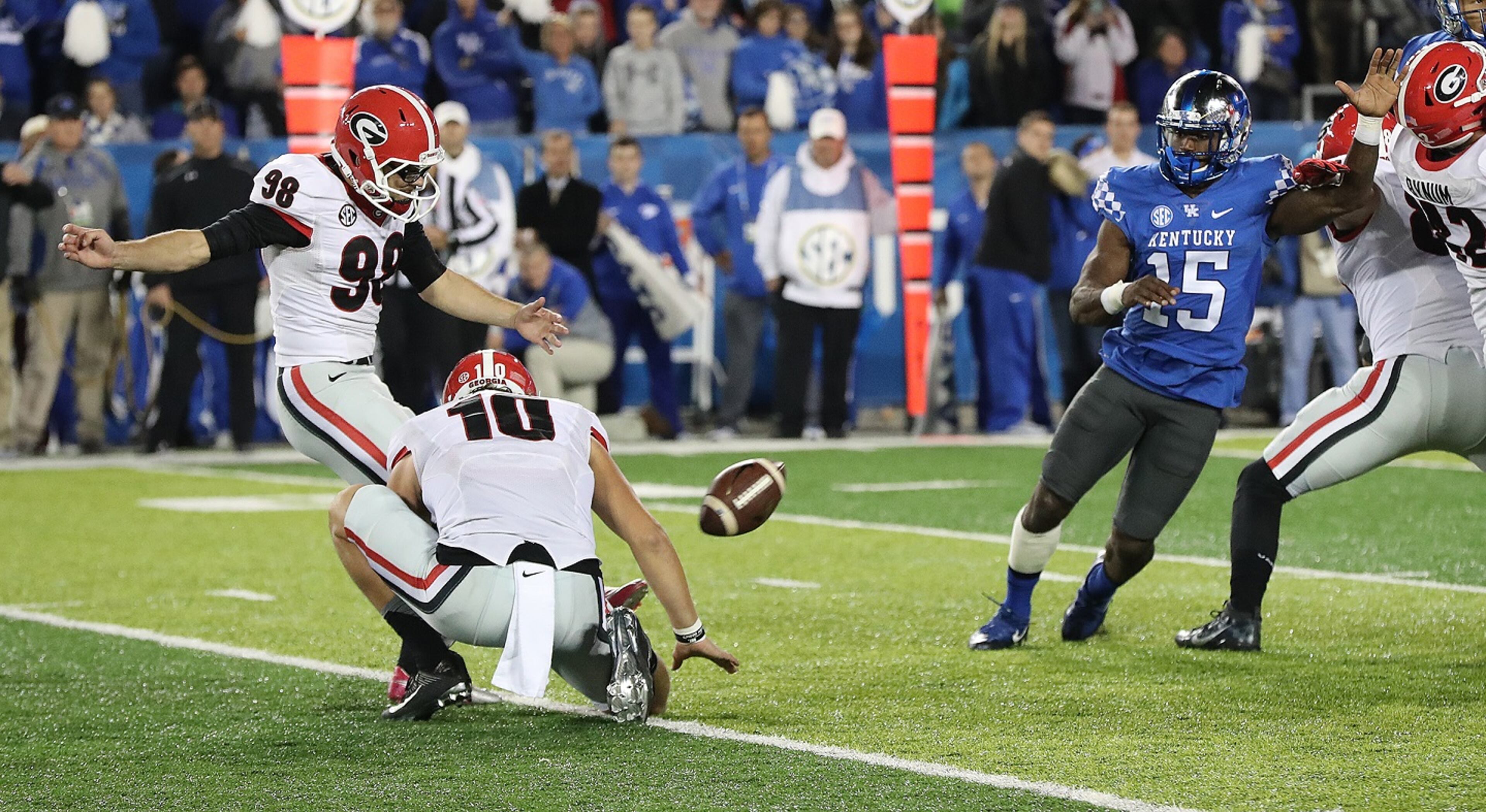November 5, 2016, LEXINGTON: ââ¬â GAME WINNER ââ¬â Georgia redshirt freshman kicker Rodrigo Blankenship makes a field goal as time expires to beat Kentucky 27-24 in an NCAA college football game on Saturday, Nov. 5, 2016, in Lexington. Curtis Compton /ccompton@ajc.com