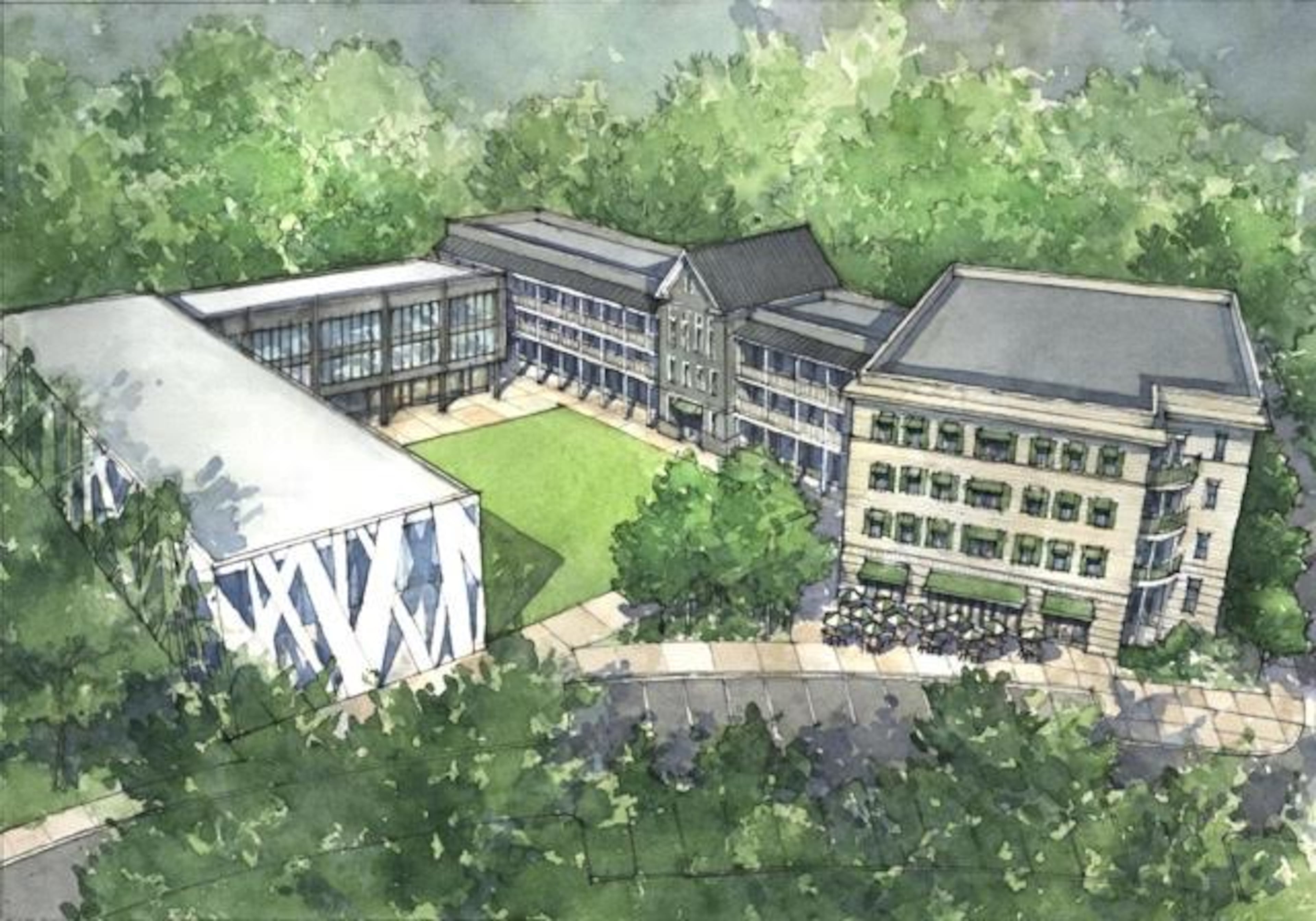 This is a rendering of the planned Selborne Hotel at Serenbe, a mixed-use district about 35 miles southwest of Atlanta. The hotel was detailed in an April 2025 development of regional impact filing that laid out Serenbe's future expansion plans. (Courtesy of Serenbe Development)