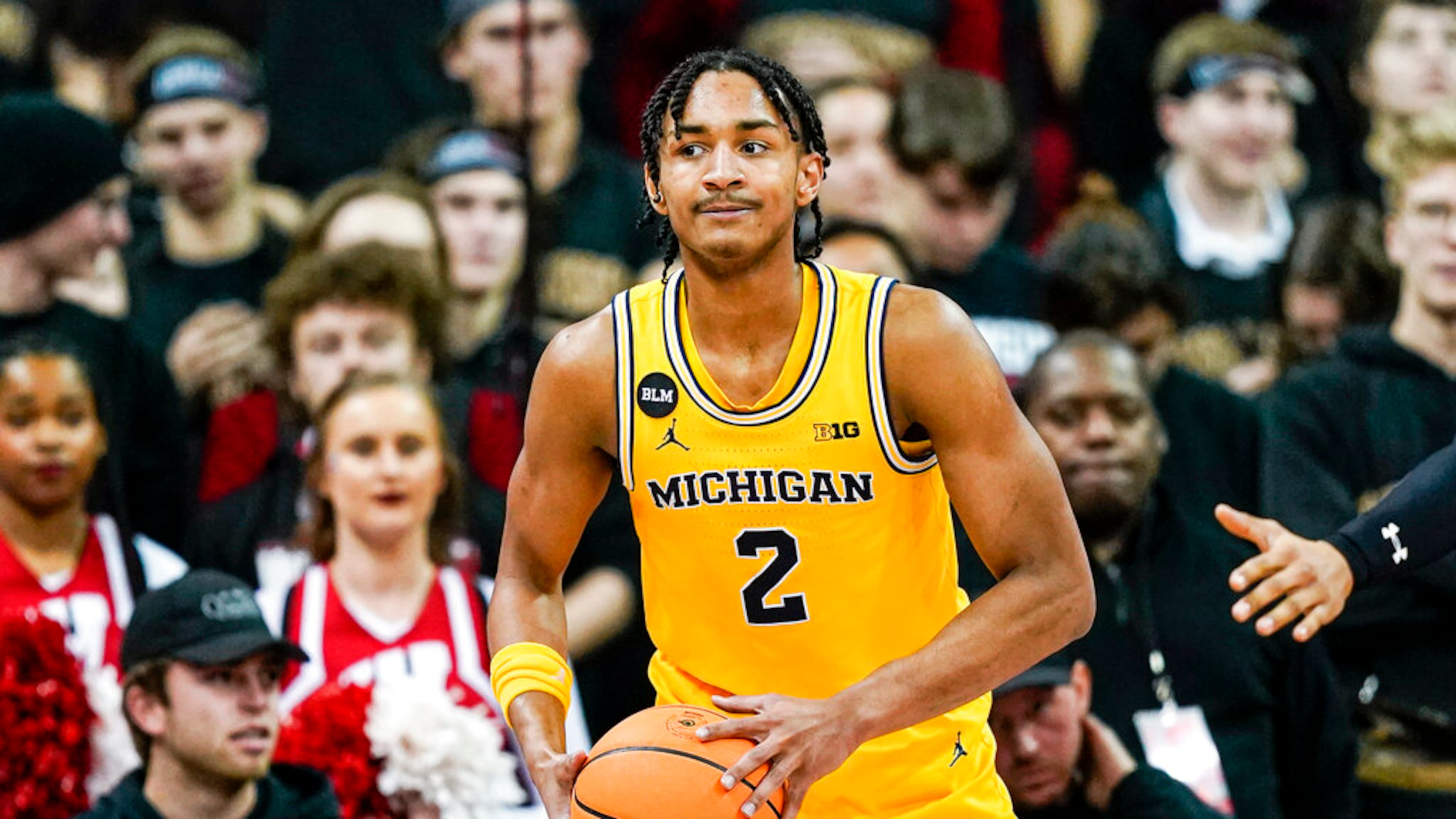 Michigan's Kobe Bufkin (2) against Wisconsin during the second half of an NCAA college basketball game Tuesday, Feb. 14, 2023, in Madison, Wis. (AP Photo/Andy Manis)