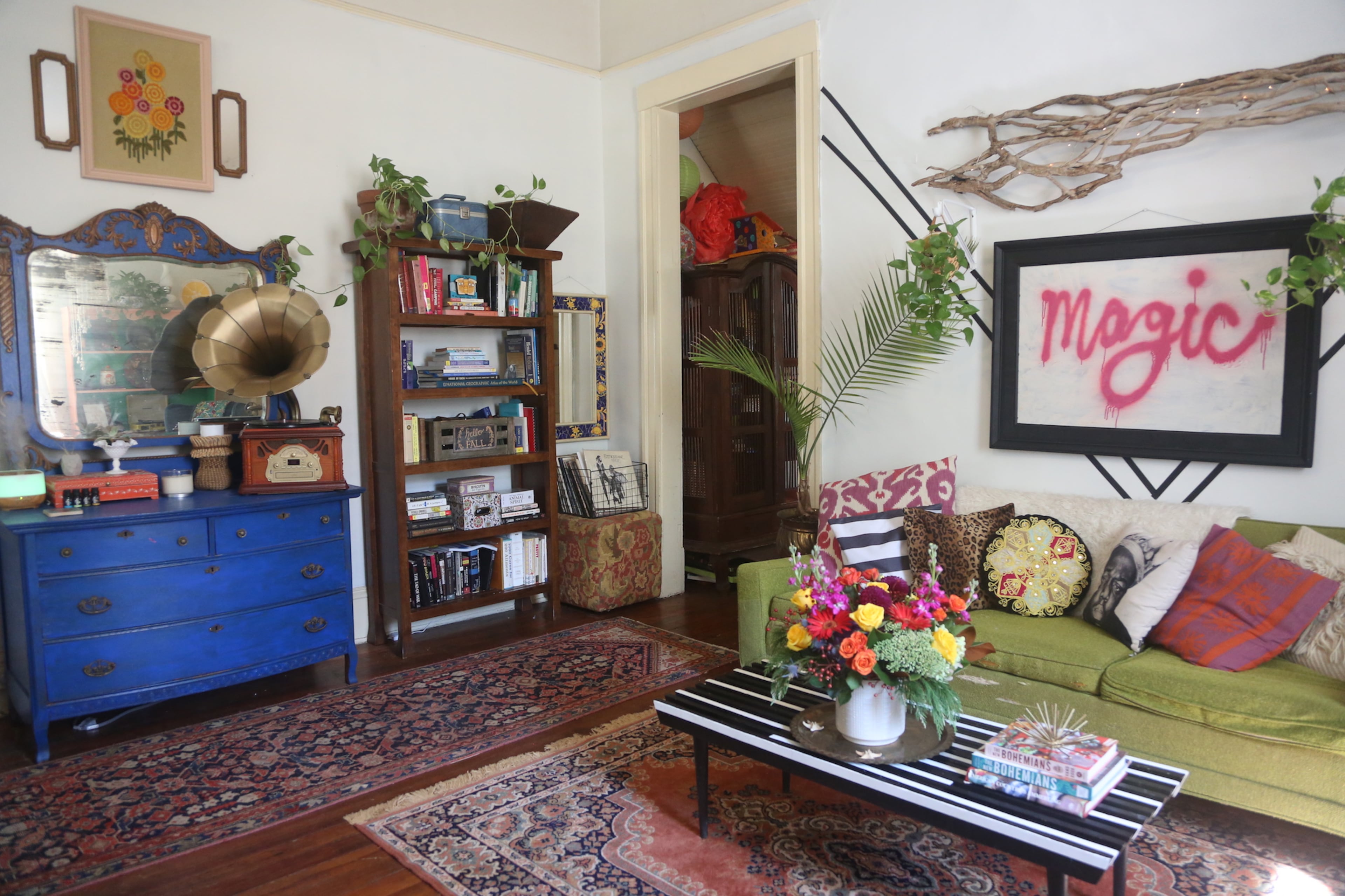 Bold hues blend in the decor, which homeowner Augusta Wheeler, whose Instagram account is @thethriftyhippie, describes as bohemian and fearless.
