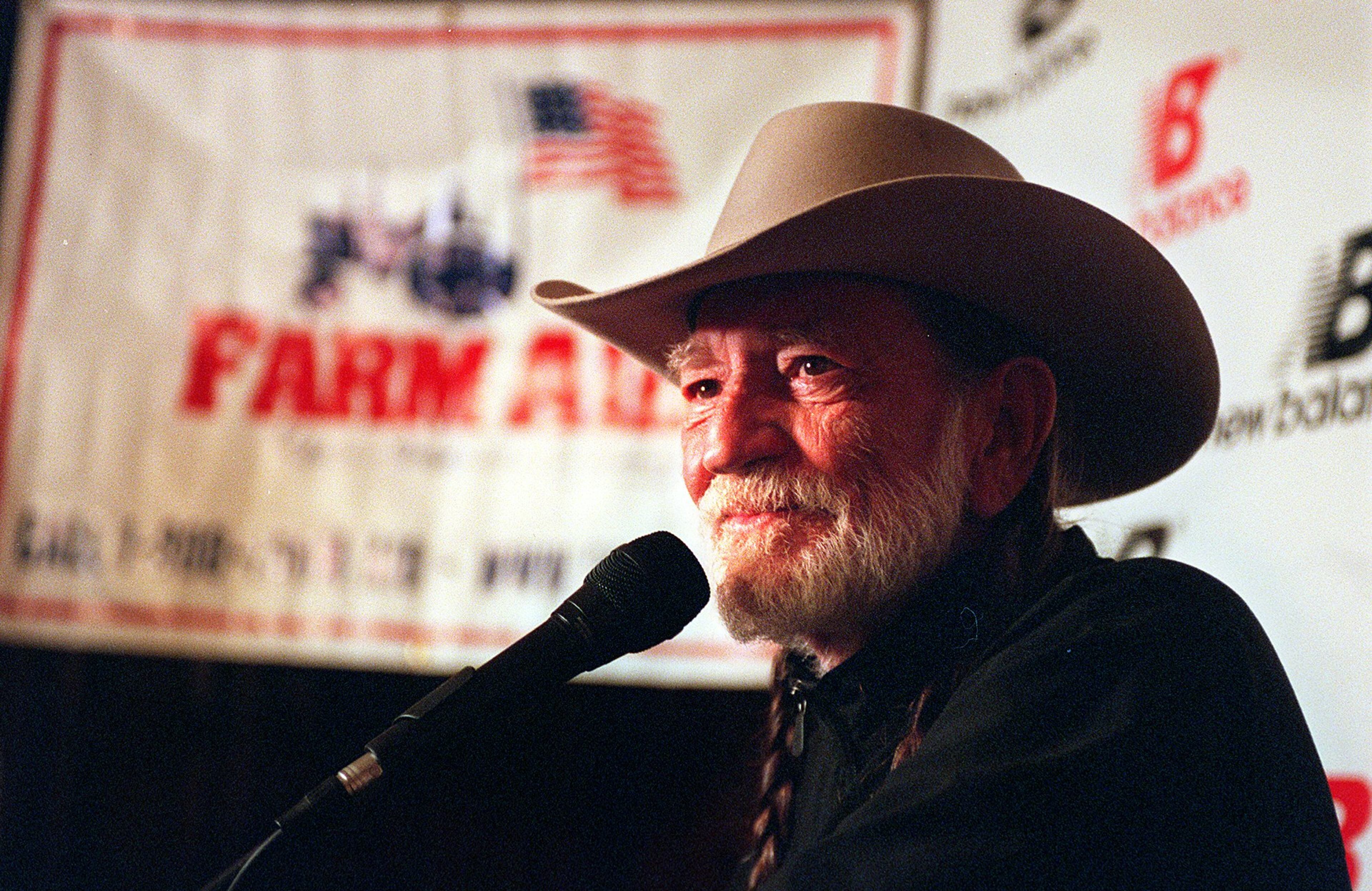 BOSTON - APRIL 15: Willie Nelson announces a Farm Aid road race, at the Hard Rock Cafe. (Photo by Evan Richman/The Boston Globe via Getty Images)