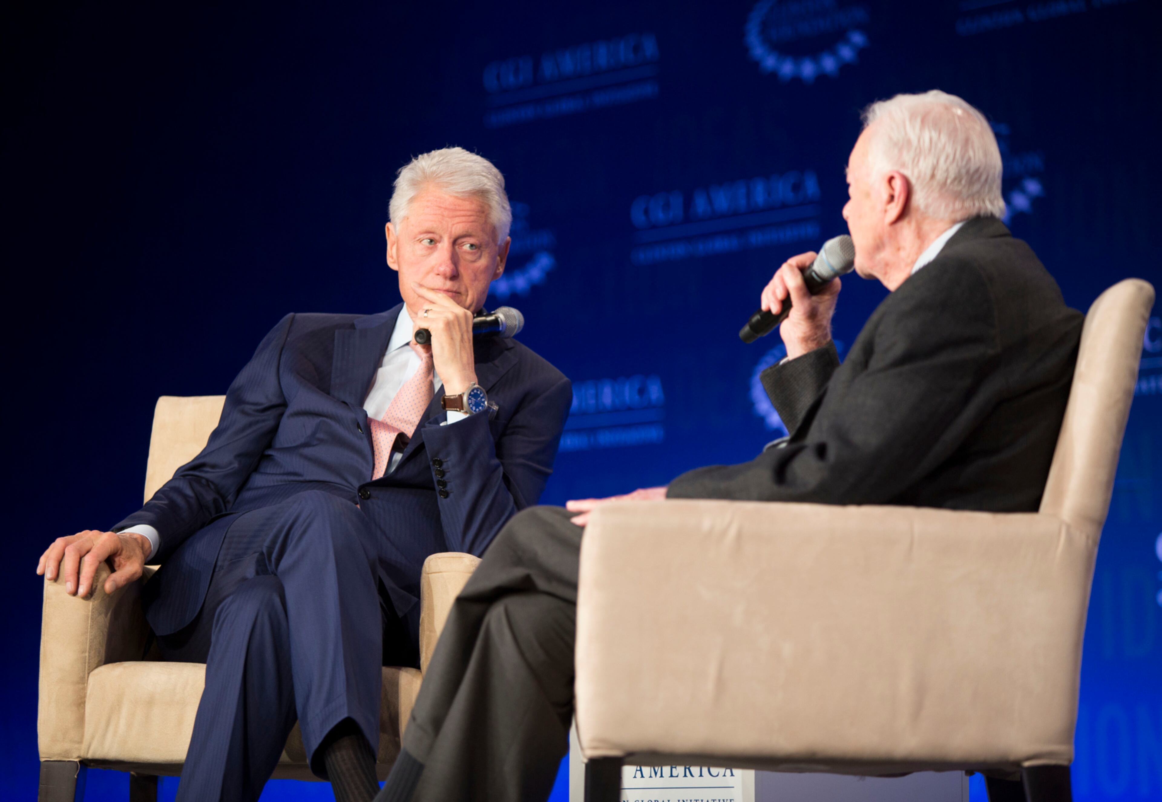 June 14, 2016 Atlanta: President Bill Clinton, Founding Chairman of the Clinton Global Initiative and President Jimmy Carter, present the closing conversation at CGI America event on Tuesday night following the panel discussion on investing in quality jobs. Clinton moderated the conversation as they spoke on various topics including current government regulations and issues, future outlooks on the 2016 presidential election and advice they would give to young business people attending CGI America.
EMILY JENKINS/ EJENKINS@AJC.COM