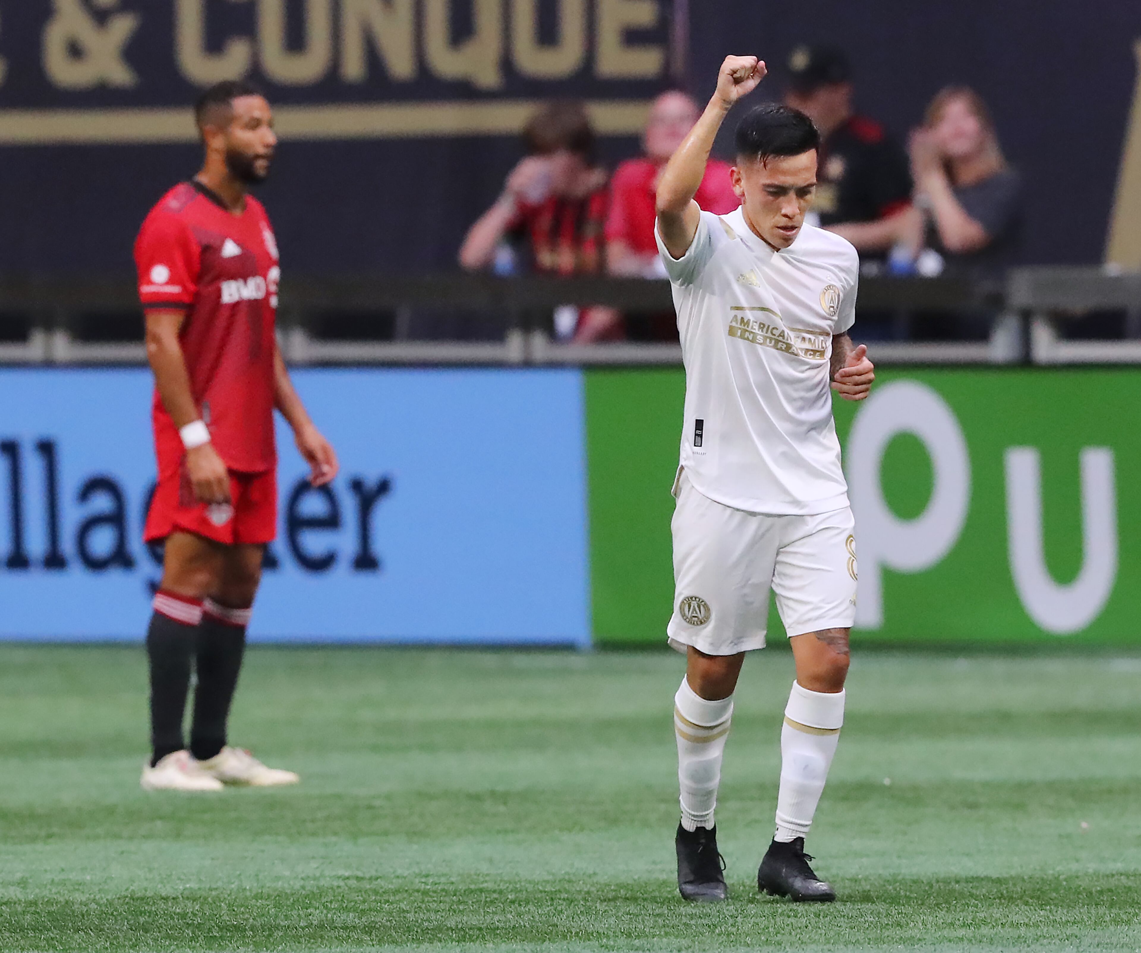 Atlanta United midfielder Ezequiel Barco reacts to scoring the only goal of the match for a 1-0 victory over Toronto FC during the first half in a MLS soccer match on Wednesday, August 18, 2021, in Atlanta. “Curtis Compton / Curtis.Compton@ajc.com”