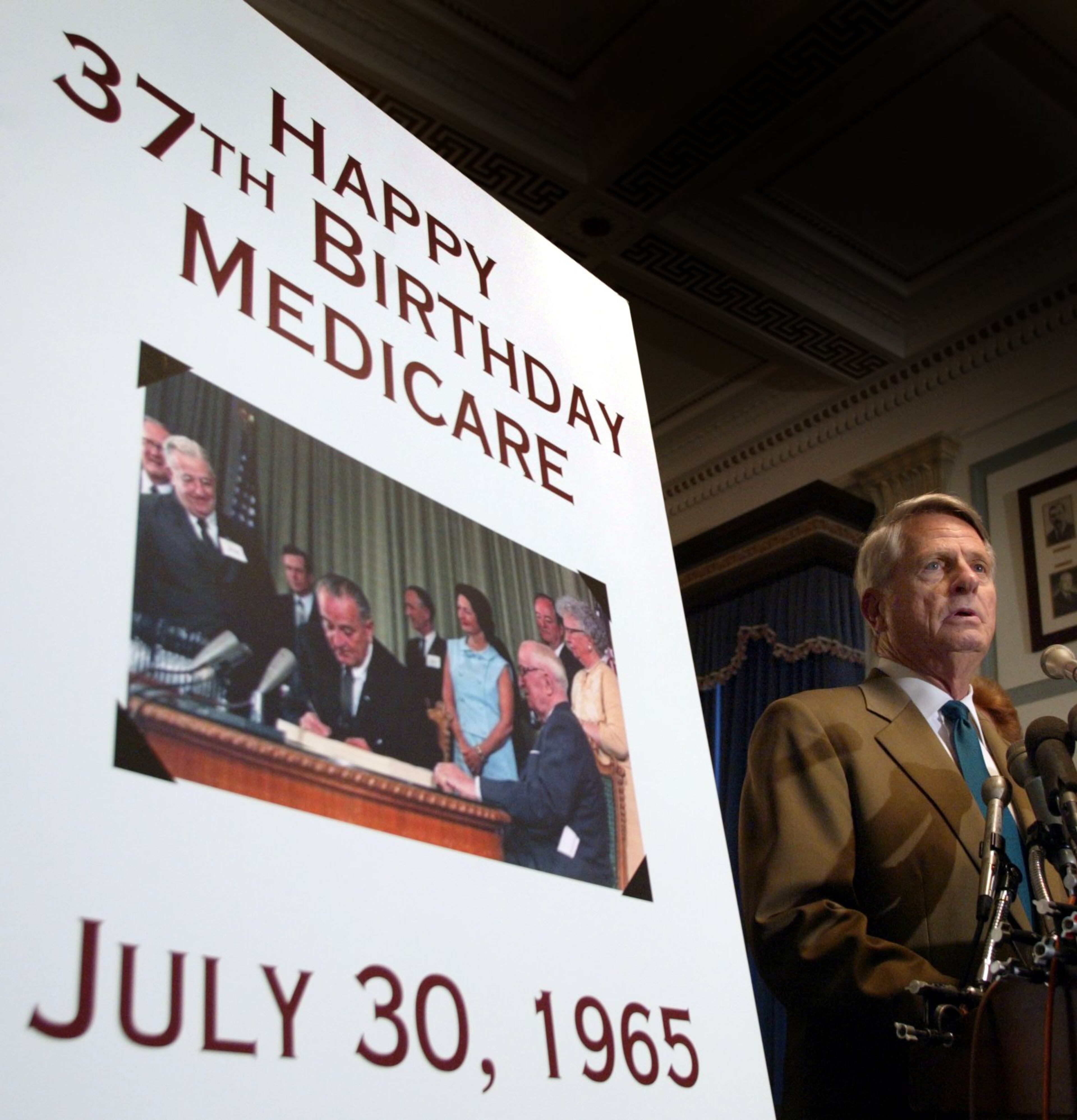 Photo by Rick McKay/Washington Bureauslug: COX-MEDICARE-DRUGS-0731 WASHINGTON..... Sen. Zell Miller, D-Ga., talks about his support of a proposal to provide a prescription drug benefit to low income elderly and those with drug expenses above $3,300 at a news conference Tuesday on Capitol Hill. Tuesday was the 37th anniversary of LBJ signing the Medicare bill in to law. (Photo by Rick McKay/Cox Washington Bureau)