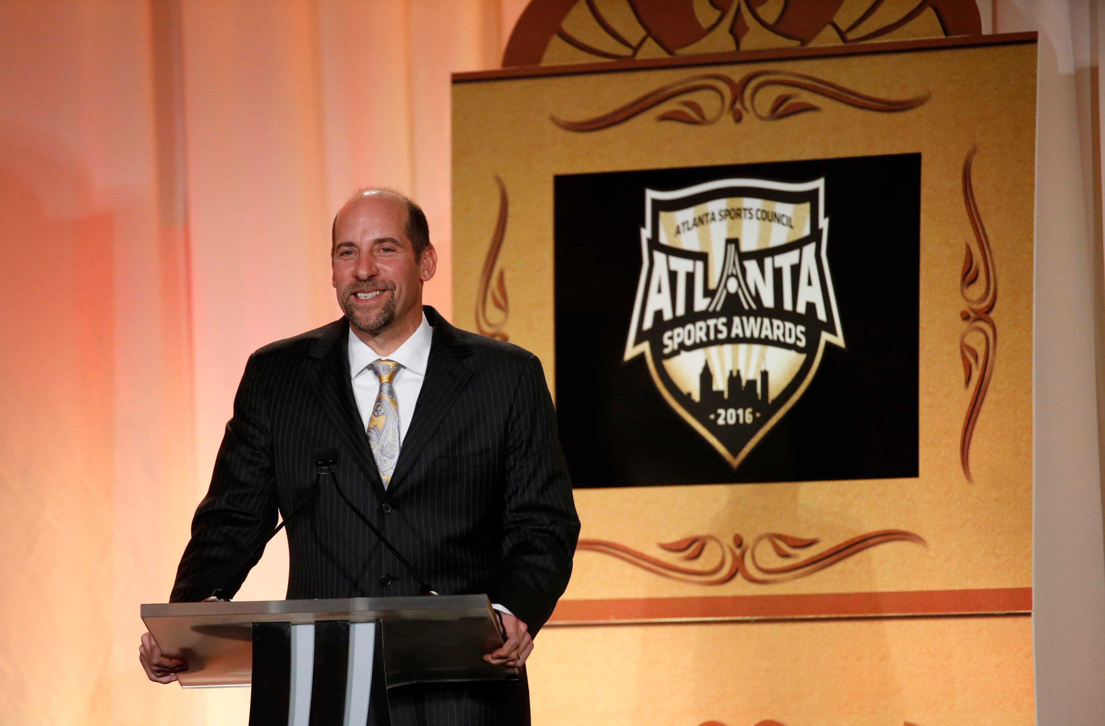 Former Atlanta Braves pitcher John Smoltz speaks after he received the 2016 Lifetime Achievement Award during the Atlanta Sports Awards at the Fox Theatre Thursday, February 25, 2016, in Atlanta. PHOTO / JASON GETZ