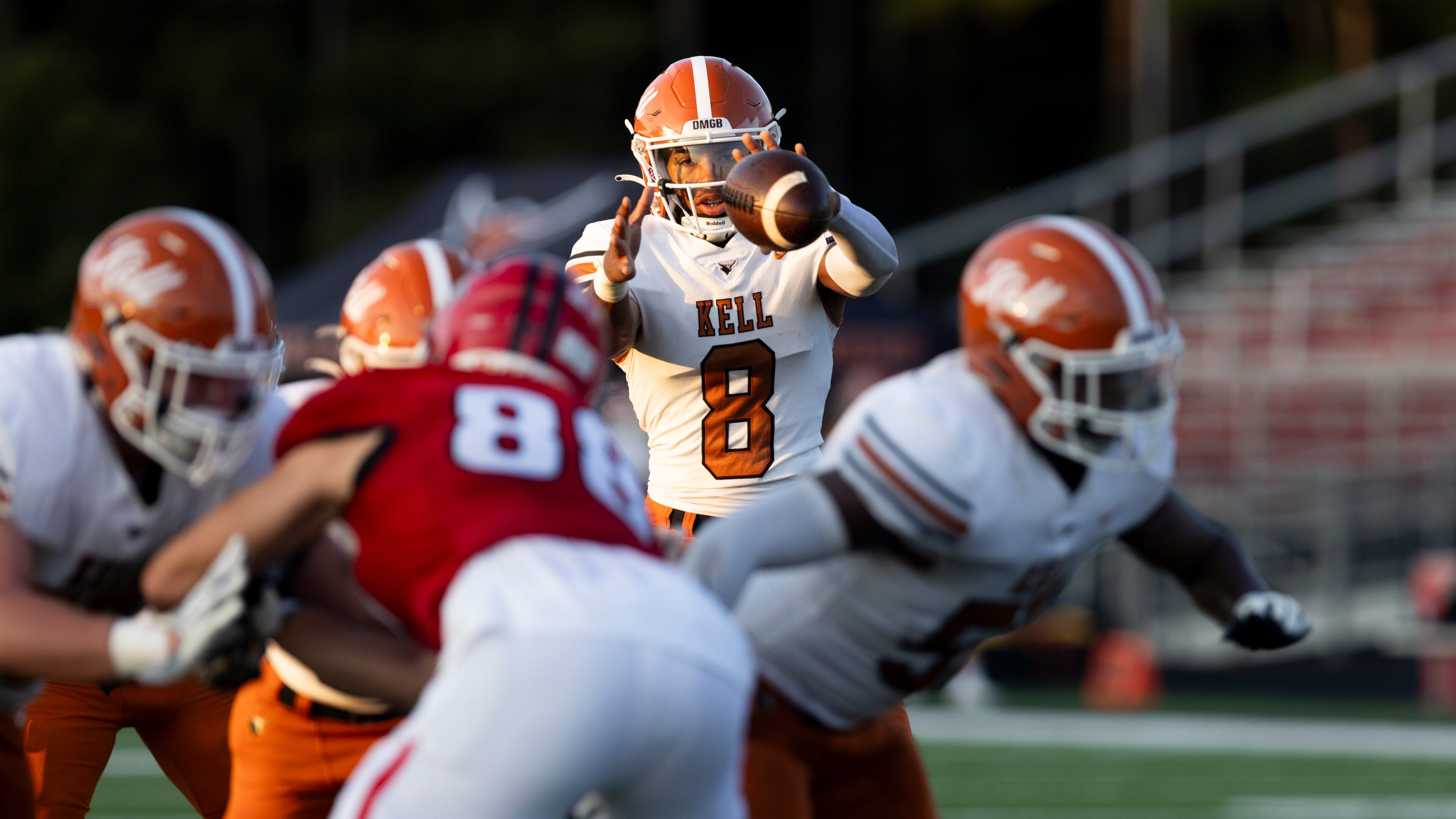 Kell quarterback Kemari Nix (8) catches the snap during a GHSA High School Football game between Kell and Allatoona at Allatoona High School in Acworth, GA., on Friday, August 25, 2023. (Photo/Jenn Finch)