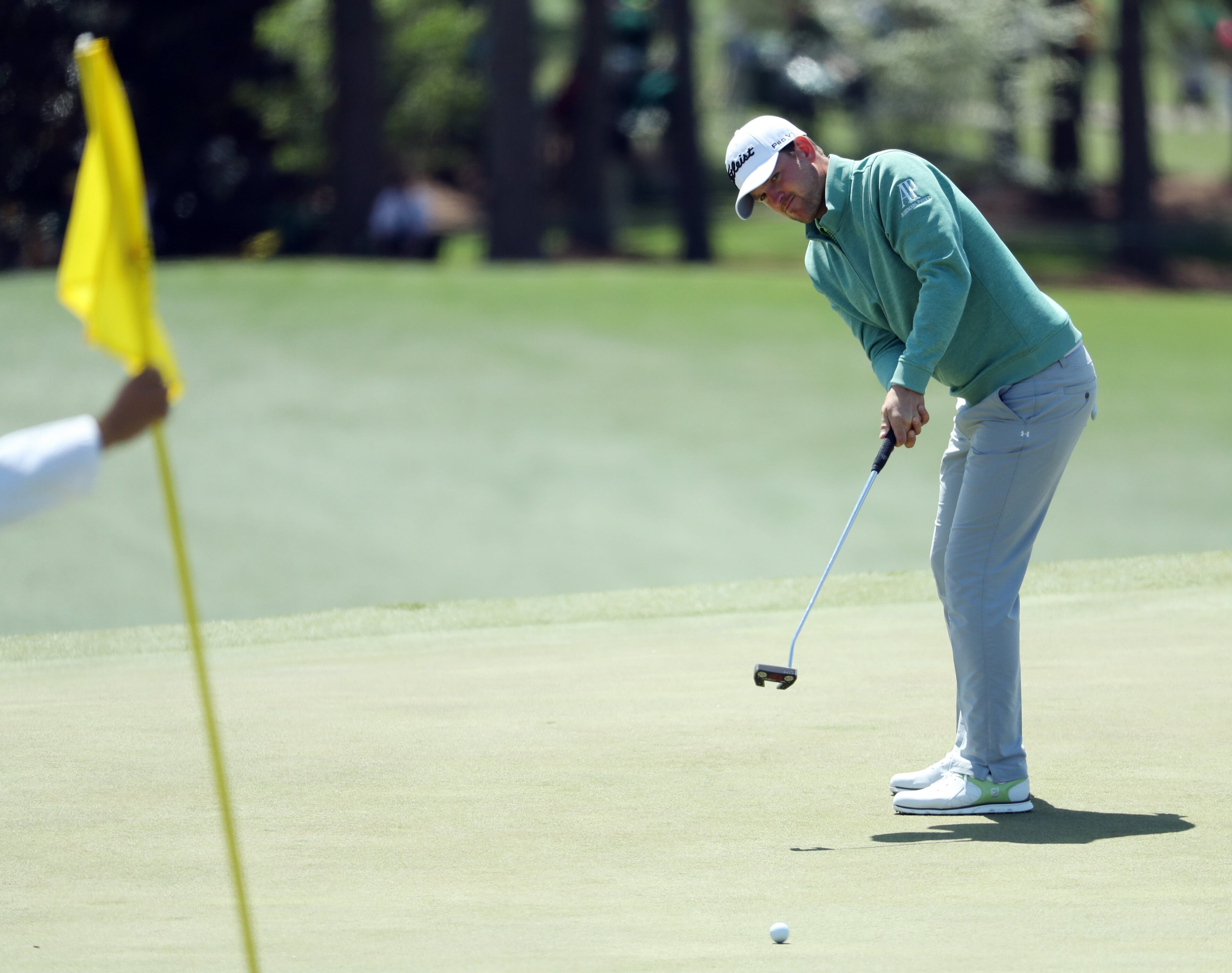 April 5, 2018 - Augusta, Ga: Bernd Wiesberger putts on 18. First round of the Masters Tournament Thursday, April 5, 2018, at Augusta National Golf Club. PHOTO / JASON GETZ