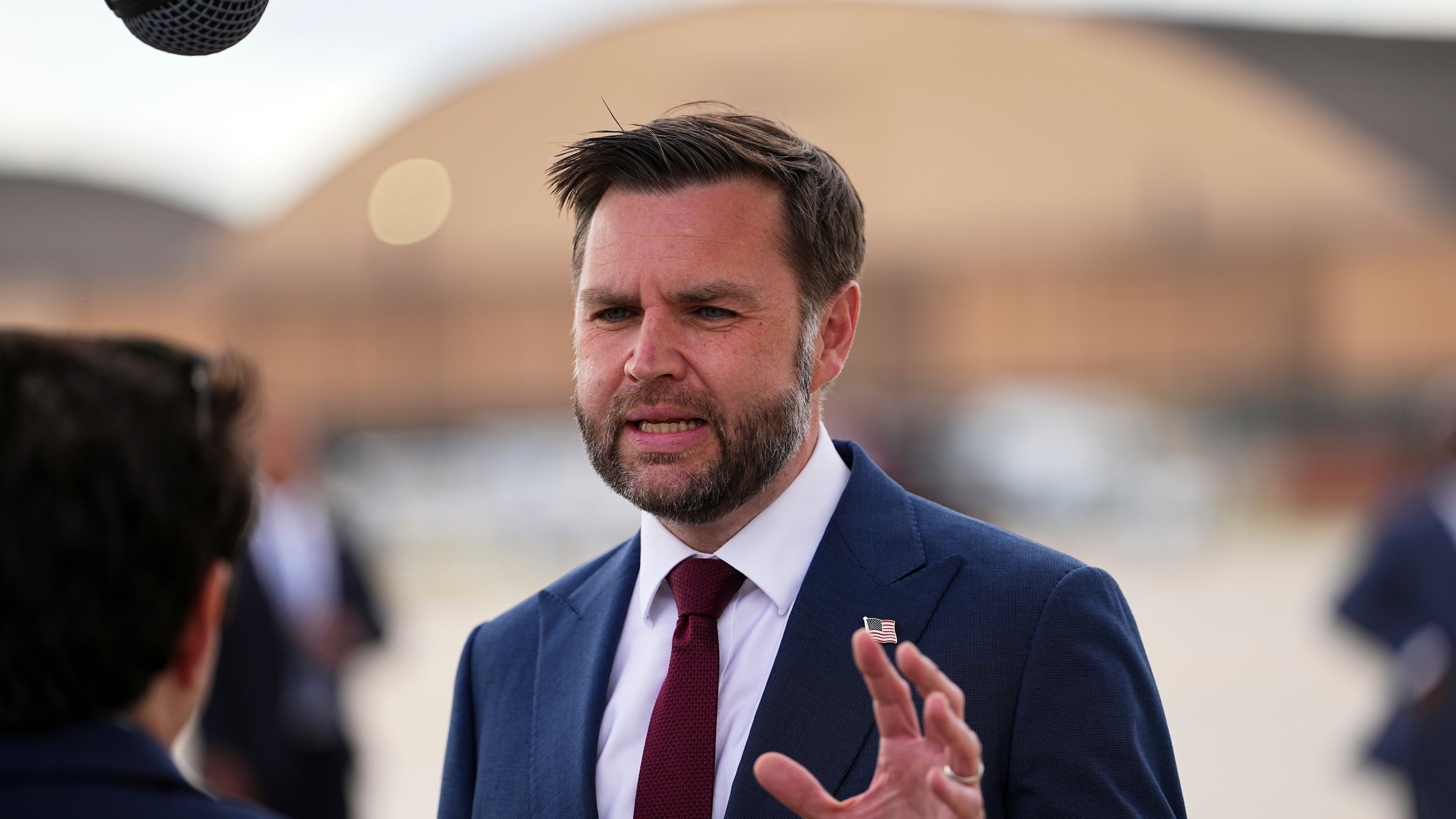 Vice President JD Vance speaks with reporters upon arriving on Air Force Two at Joint Base Andrews, Md., Thursday, May 28, 2026. (AP Photo/Matt Rourke, Pool)