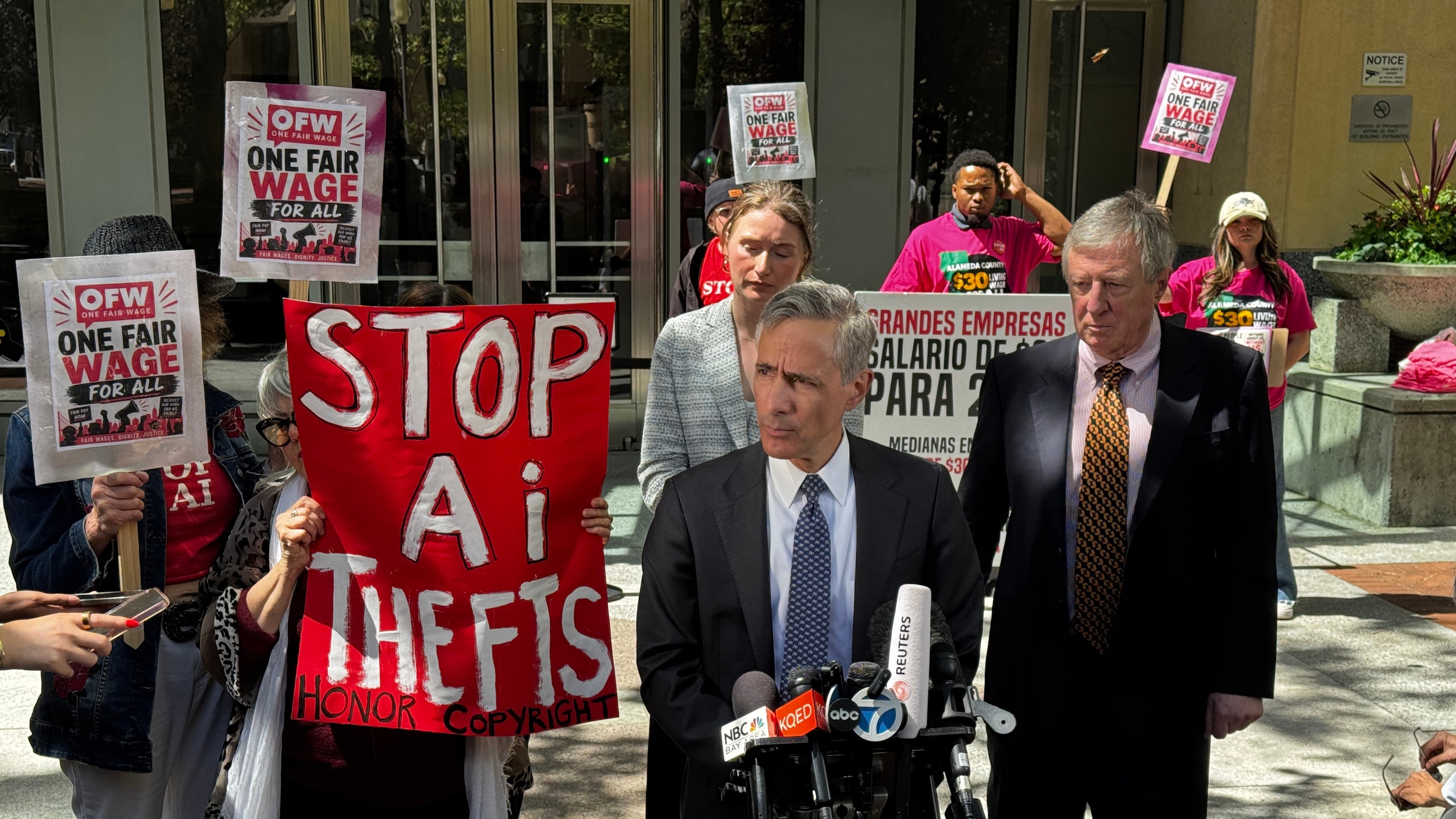 Bill Savitt, an attorney for OpenAI, speaks to the media after a jury ruled in the company's favor in a a federal trial in Oakland, Calif. on Monday, May 18, 2026. (AP Photo/Terry Chea)