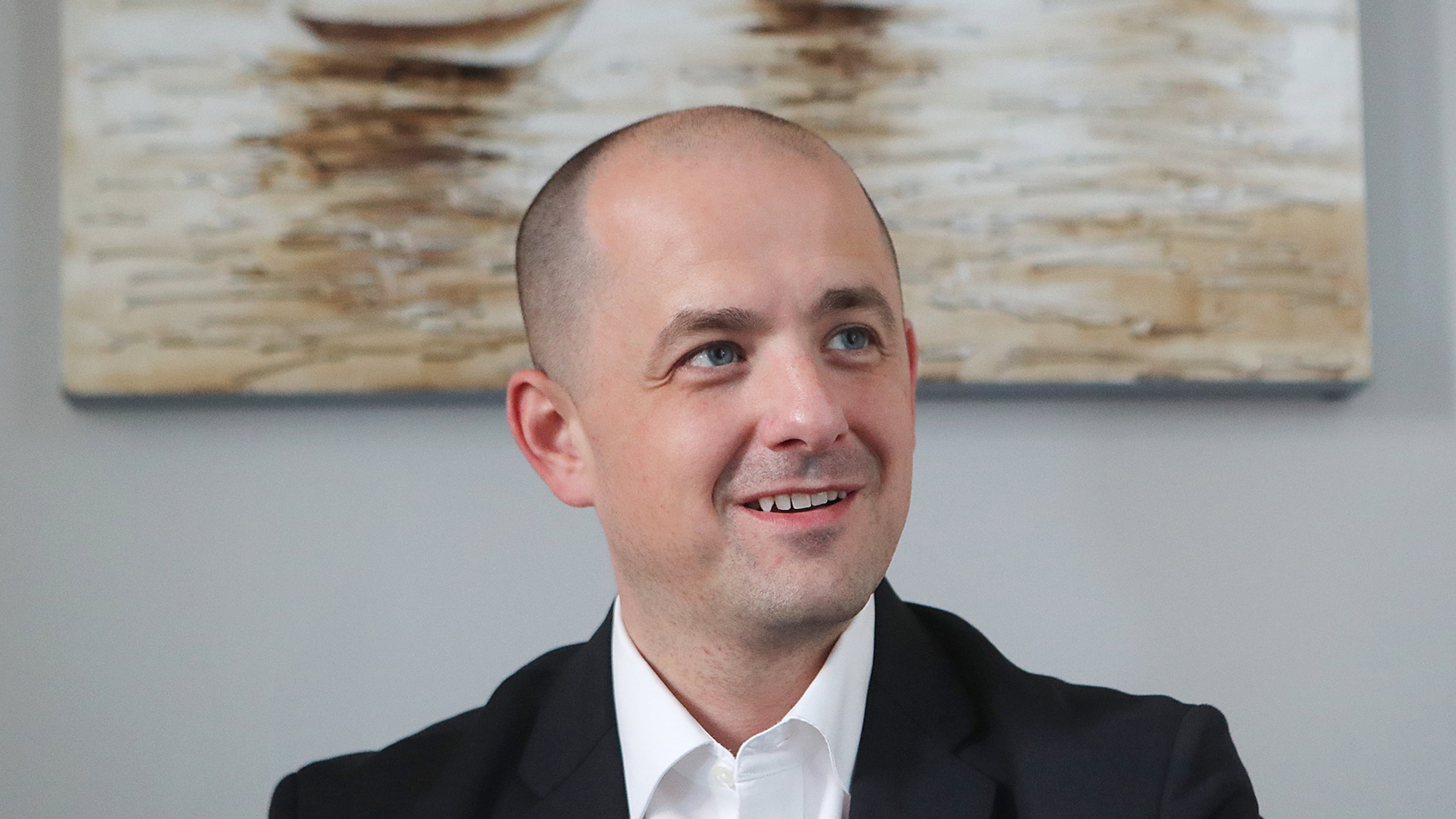Independent presidential candidate Evan McMullin during an interview with AJC reporters before his town hall at the Blueprint Church in Atlanta on Monday. Curtis Compton, ccompton@ajc.com
