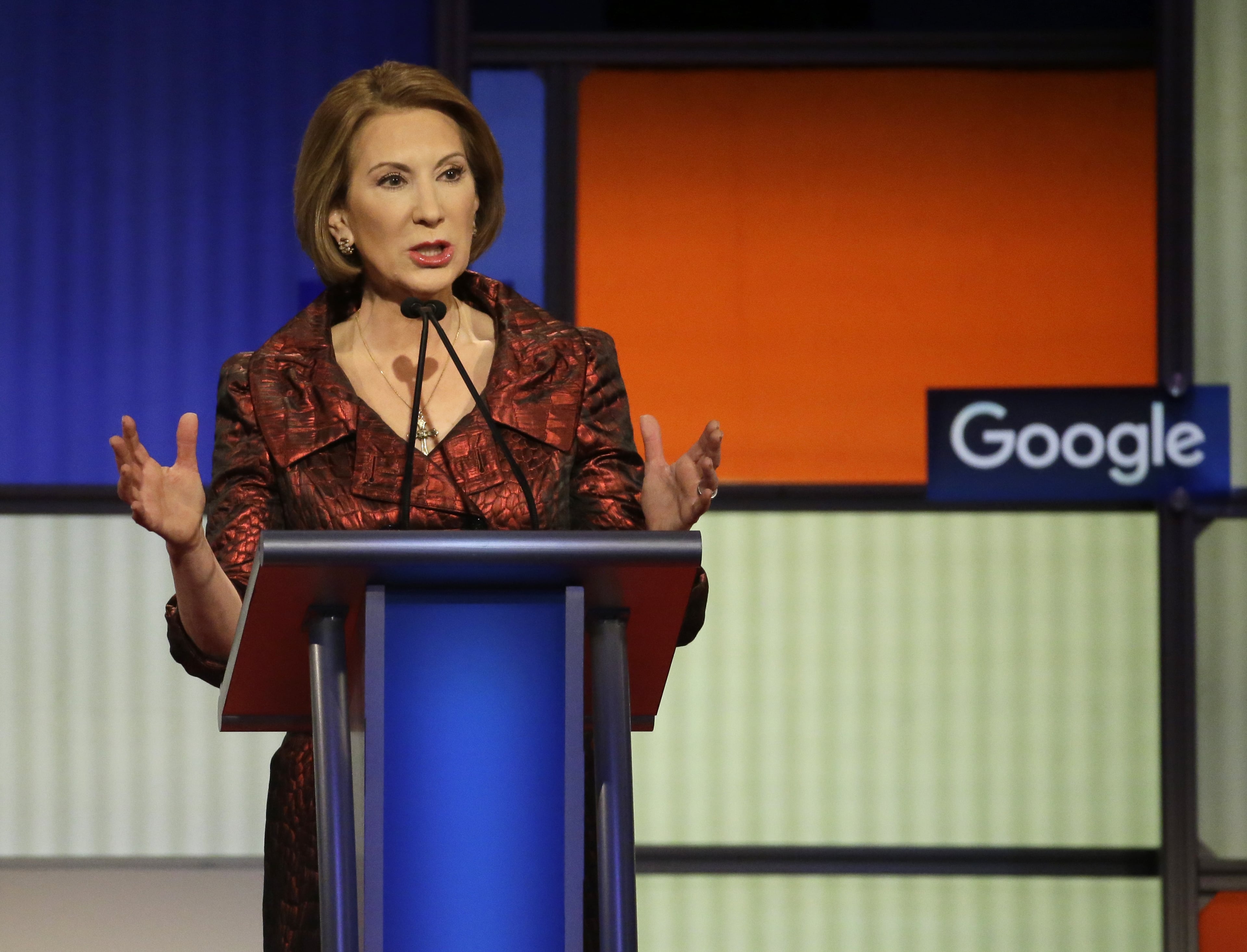 Carly Fiorina makes a point during a Republican presidential primary debate, Thursday, Jan. 28, 2016, in Des Moines, Iowa. (AP Photo/Chris Carlson)