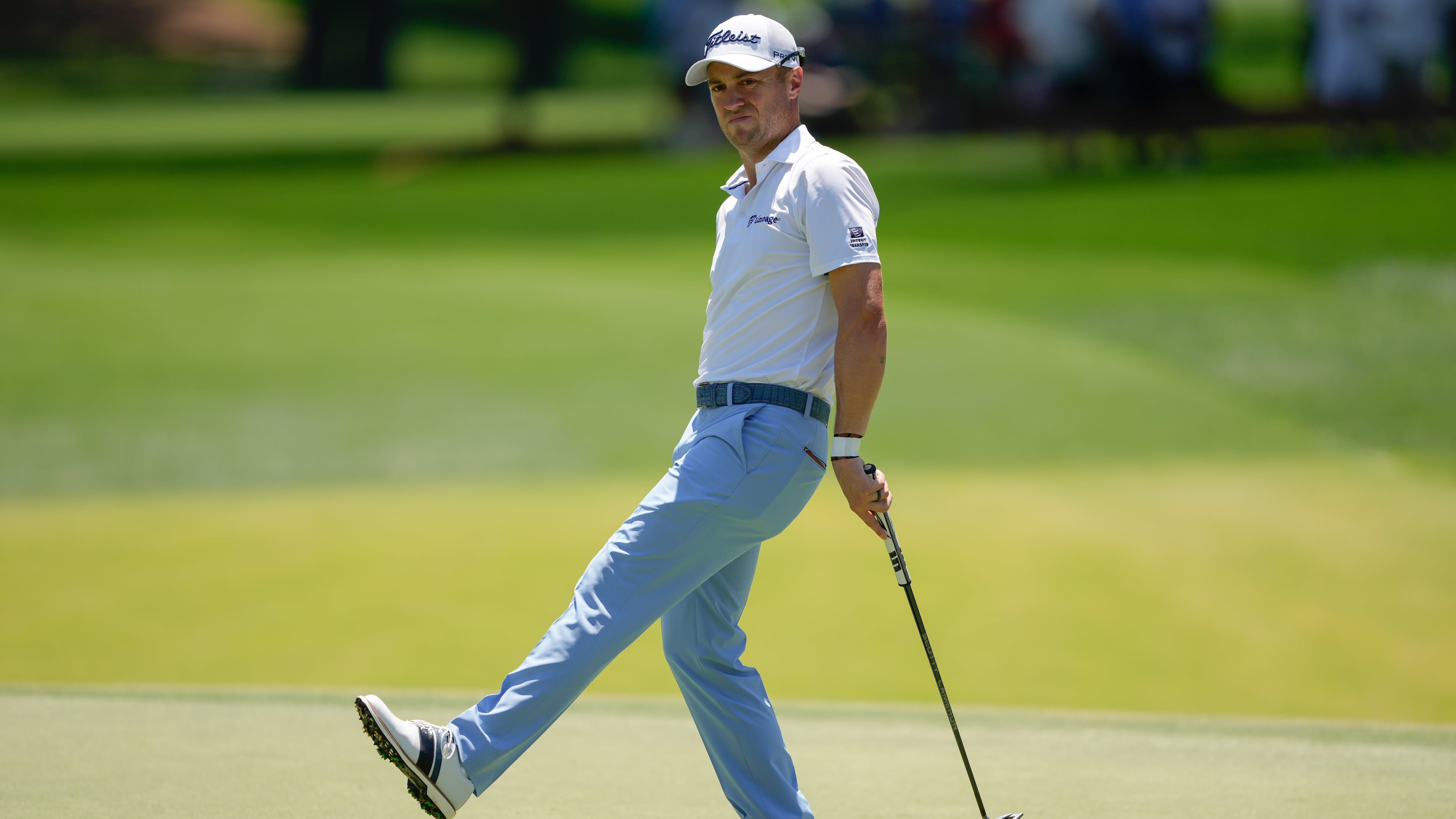 Justin Thomas reacts after missing a putt for birdie on the second hole during the final round of the Truist Championship golf tournament at the Quail Hollow Club, Sunday, May 10, 2026, in Charlotte, N.C. (AP Photo/Chris Carlson)