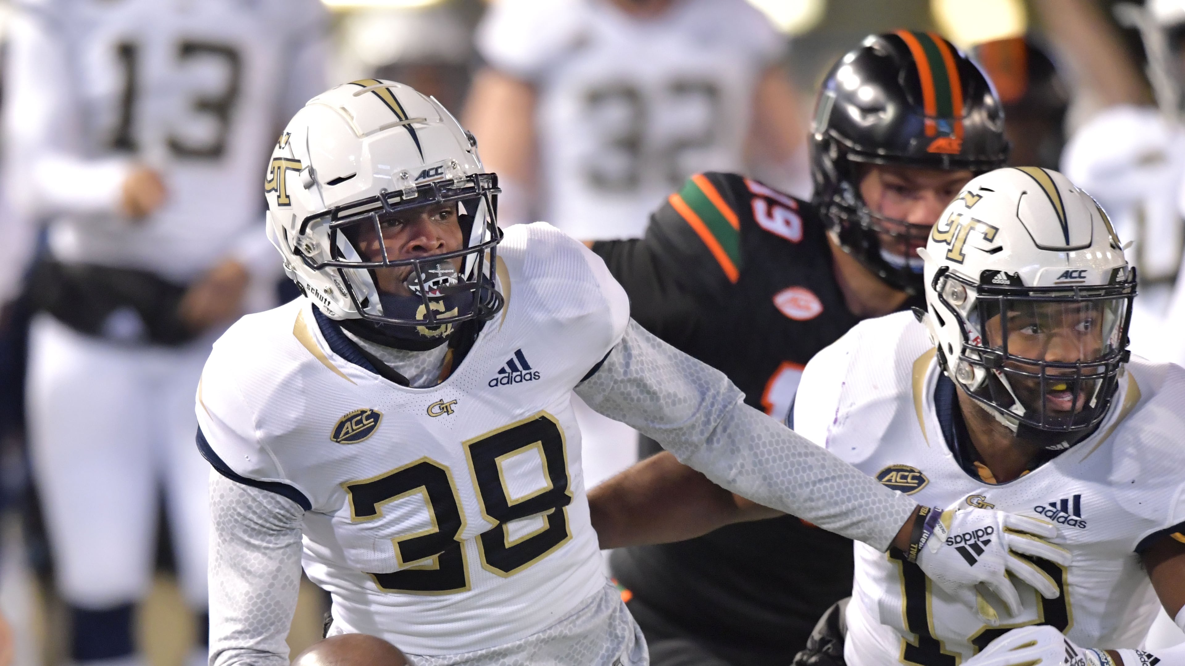November 10, 2018 Atlanta - Georgia Tech defensive back Ajani Kerr (38) runs after he picked up a fumble in the first half at Bobby Dodd Stadium on Saturday, November 10, 2018. HYOSUB SHIN / HSHIN@AJC.COM