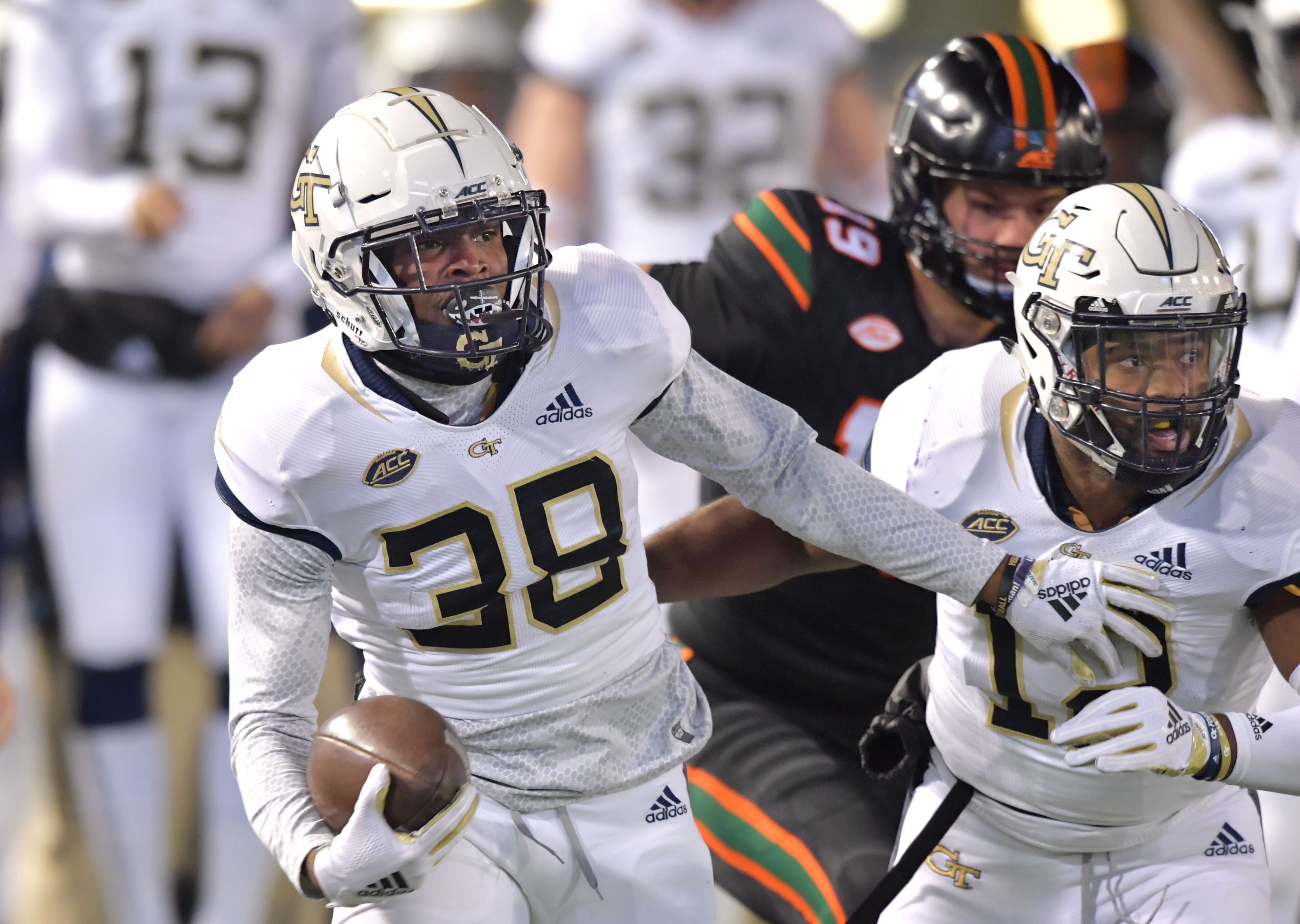 November 10, 2018 Atlanta - Georgia Tech defensive back Ajani Kerr (38) runs after he picked up a fumble in the first half at Bobby Dodd Stadium on Saturday, November 10, 2018. HYOSUB SHIN / HSHIN@AJC.COM