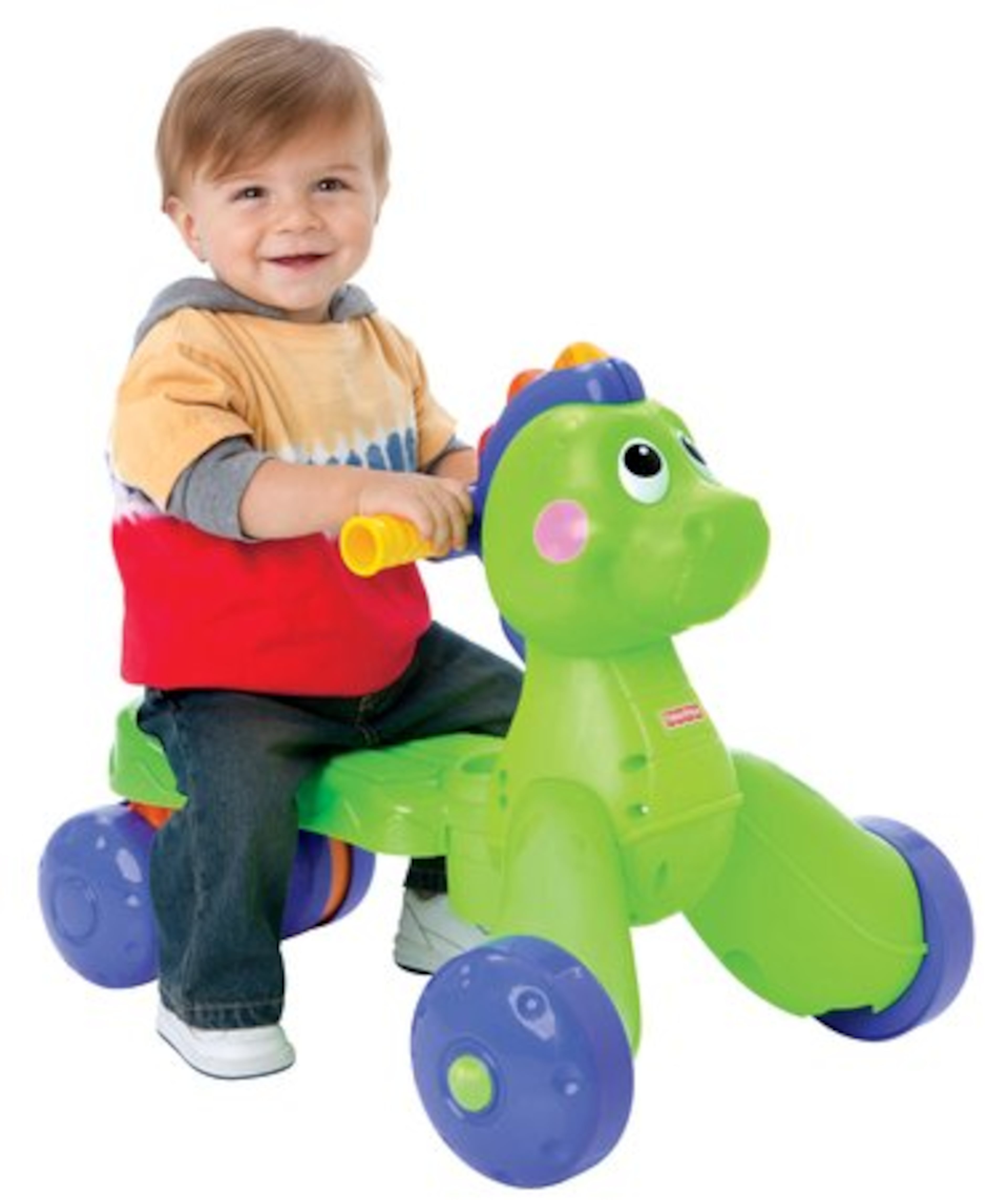 There to assist little ones as they begin to take their first steps, this friendly-faced prehistoric pal features a large wheel base and sturdy handle bar. Three lights on the dino's head dance as music plays. When a child is ready to ride, parents can slide the two rear legs together to create a seat. 3 "AA" batteries required (included). Ages 9 months to 3 years.