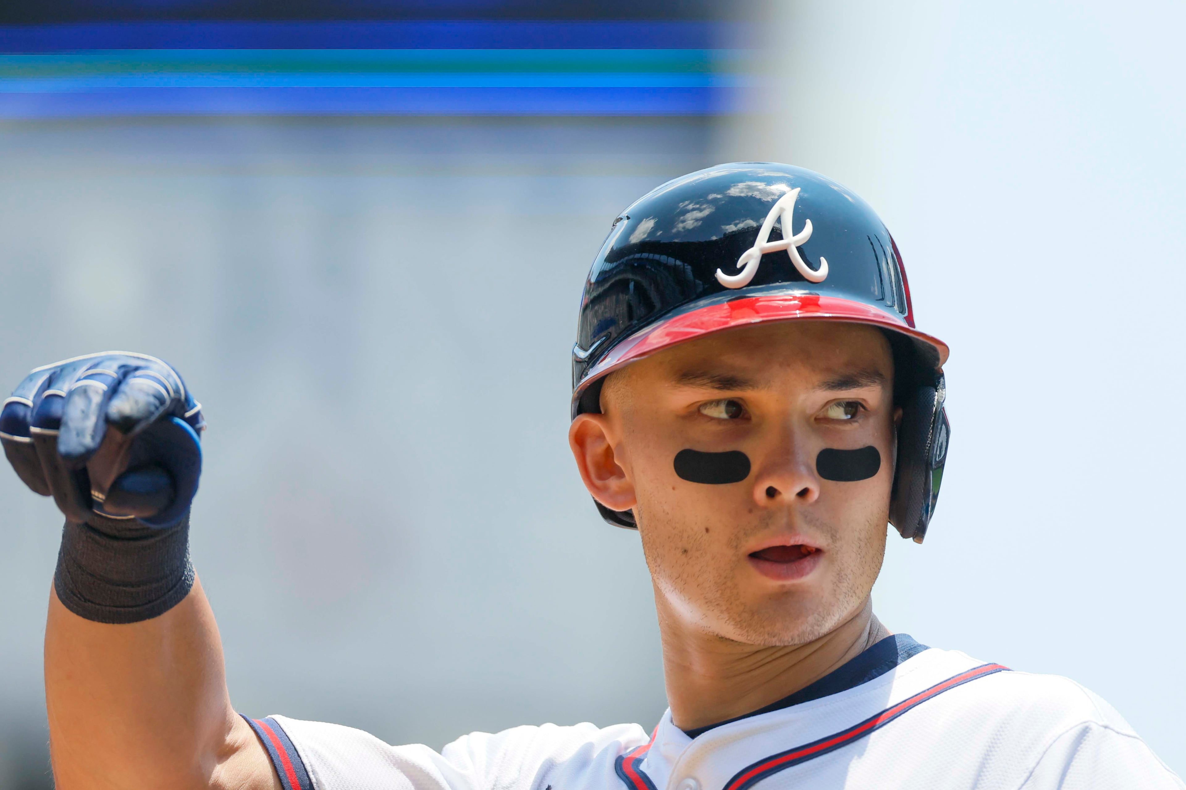 Atlanta Braves outfielder Stuart Fairchild (17) reacts after a single during the eighth inning against the Baltimore Orioles at Truist Park on Sunday, July 6, 2025, in Atlanta.
(Miguel Martinez/ AJC)