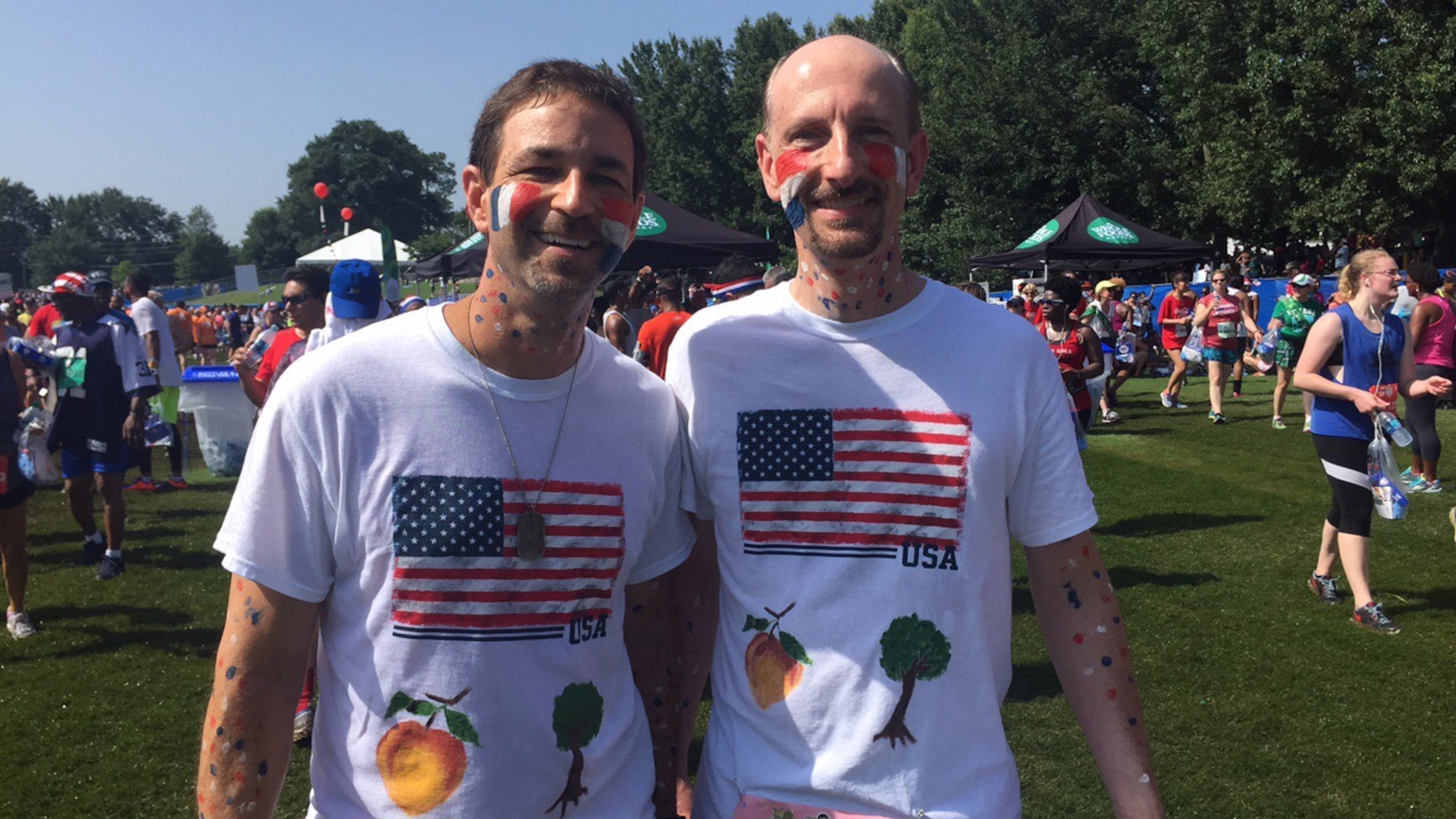 Damon Costner and Allen Kachur have run over 20 AJC Peachtree Road Races together. The two, donning an American themed look, completed Tuesday’s edition.