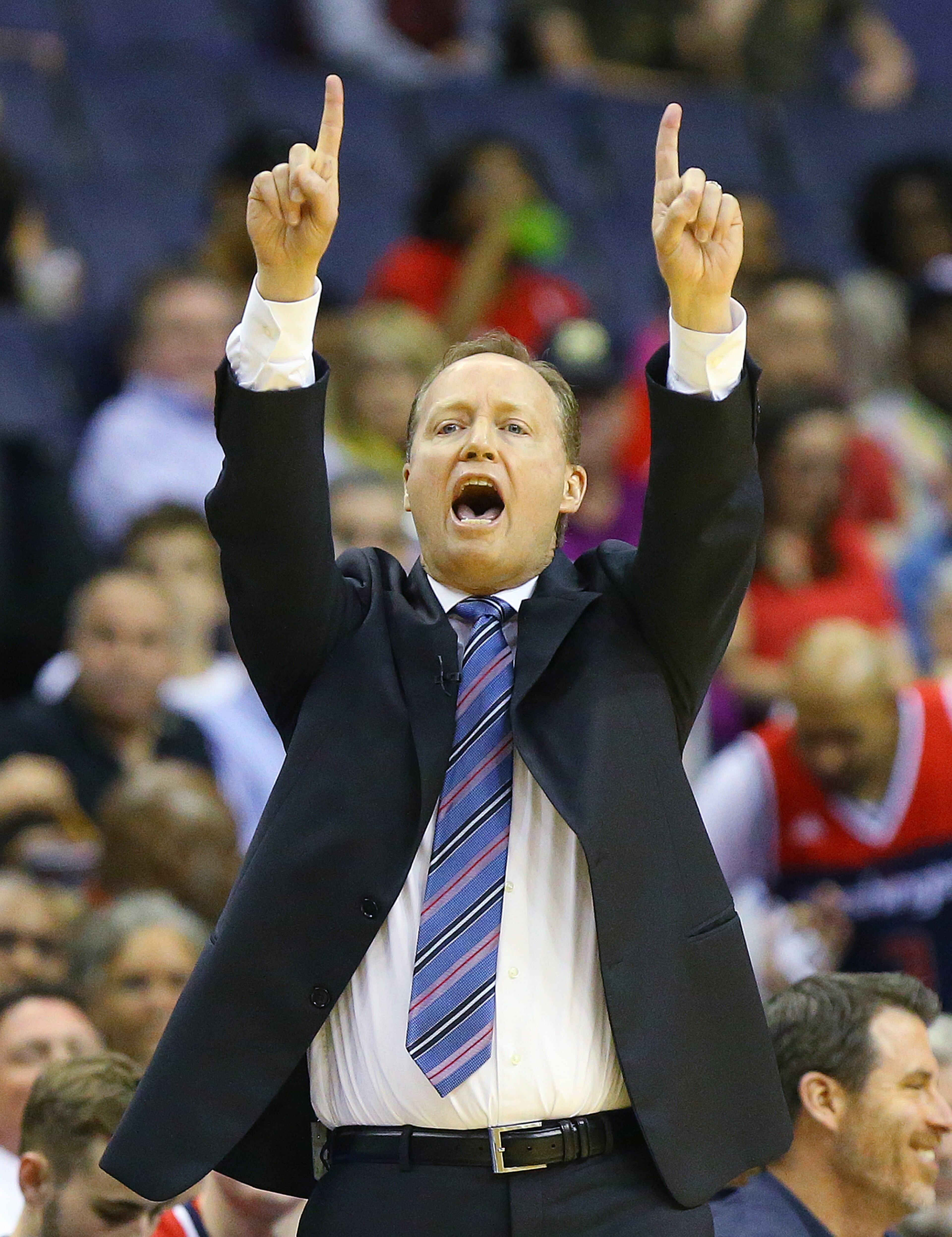 Mike Budenholzer calls an offensive play against the Wizards on Friday, May 15, 2015, in Washington, D.C. Curtis Compton / ccompton@ajc.com