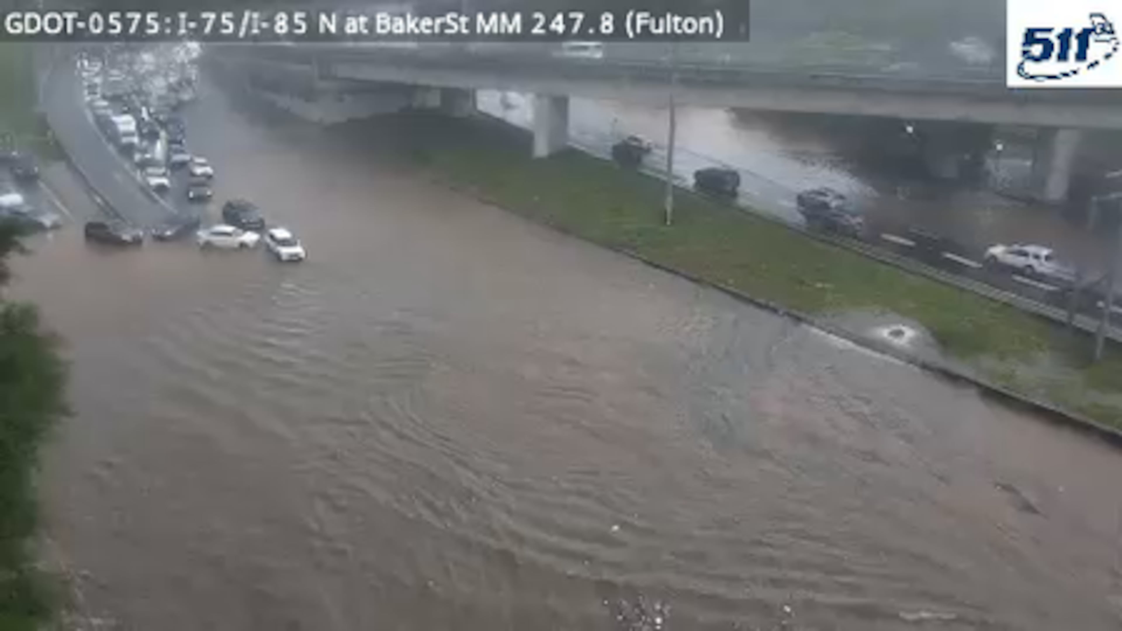 A Georgia DOT camera shows flash flooding on the Downtown Connector in Atlanta after heavy rain hit the city during rush hour on Wednesday, May 20, 2026. (Courtesy of GDOT)