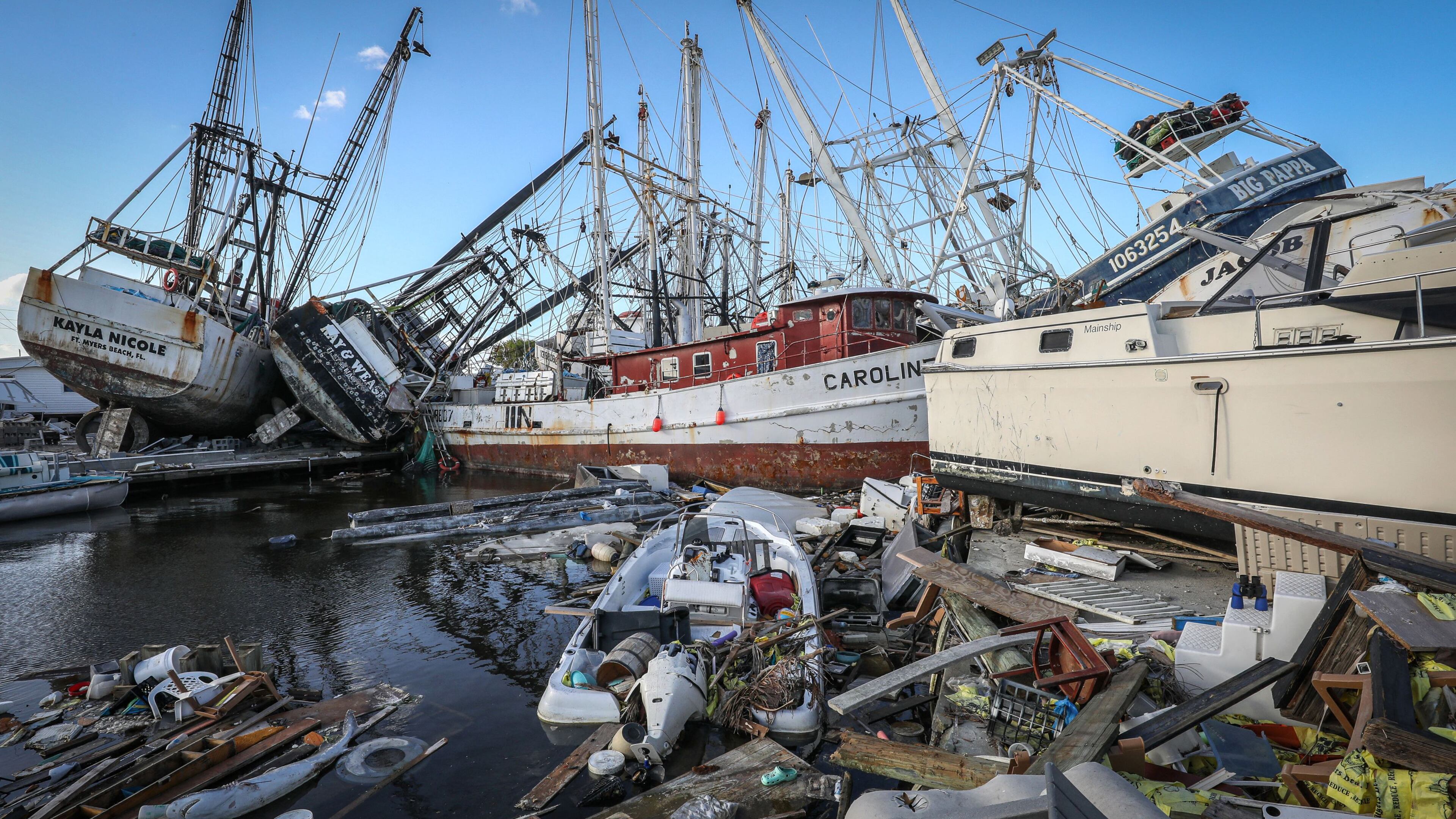 Boats piled up and destroyed by Hurricane Ian are seen on San Carlos Island in Fort Myers Beach, Florida, on November 7, 2022. (Giorgio Viera/AFP via Getty Images/TNS)