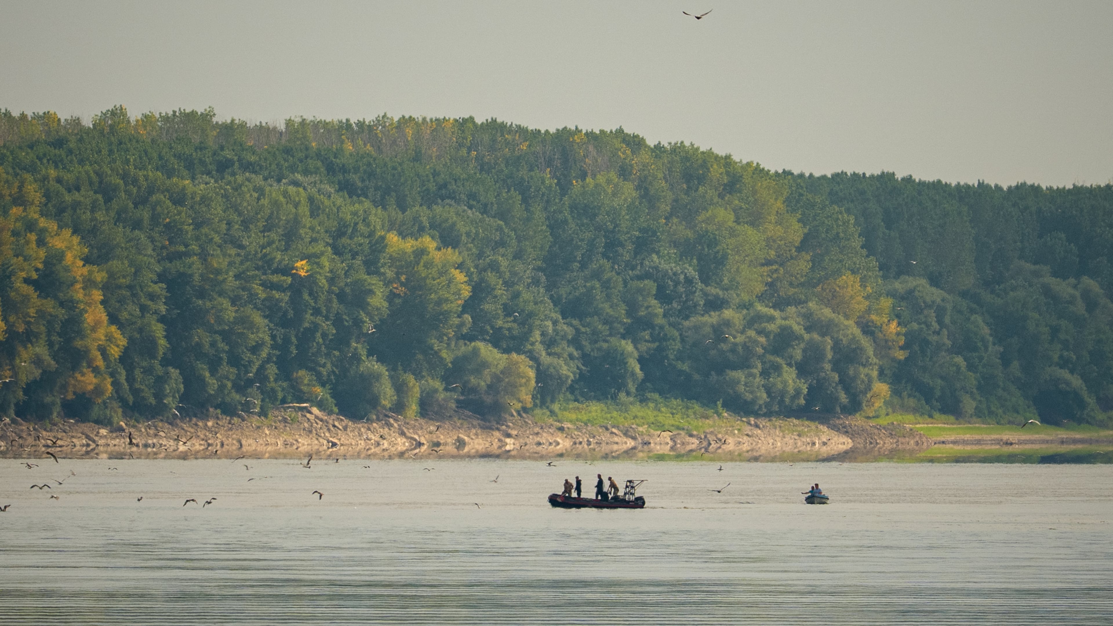 Romanian Navy EOD specialists survey the area before a controlled demolition of submerged rocks to improve water flow to the Cernavoda Nuclear Power Plant amid exceptionally low water levels on the Danube River, in Izvoarele, Romania, Monday, Aug. 3 2026. (AP Photo/ Vadim Ghirda)