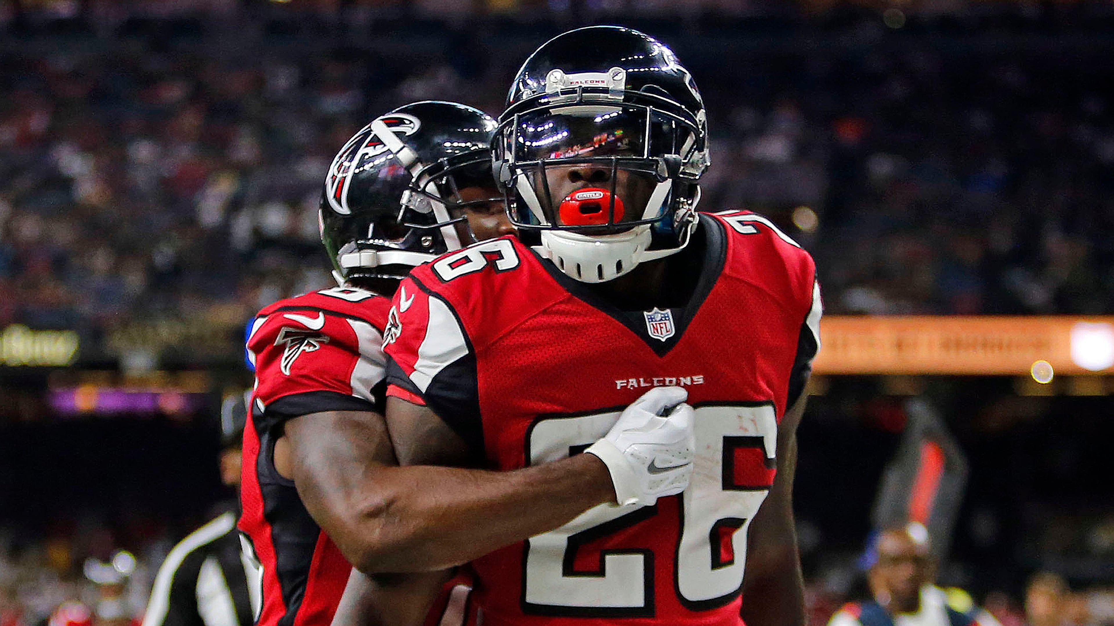 Atlanta Falcons running back Tevin Coleman (26) celebrates his touchdown during the second half of an NFL football game against the New Orleans Saints in New Orleans, Monday, Sept. 26, 2016. (AP Photo/Butch Dill)