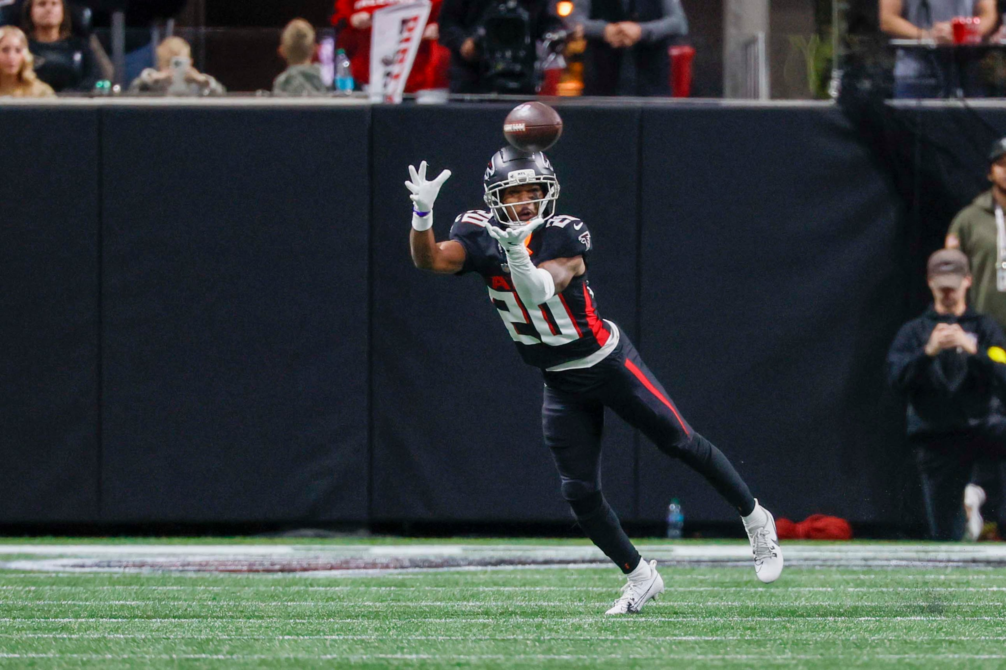 Atlanta Falcons cornerback Dee Alford intercepts the ball during the second half of an NFL football game against the New Orleans Saints at Mercedes-Benz Stadium in Atlanta on Sunday, Jan. 4, 2026. (Miguel Martinez/AJC)
