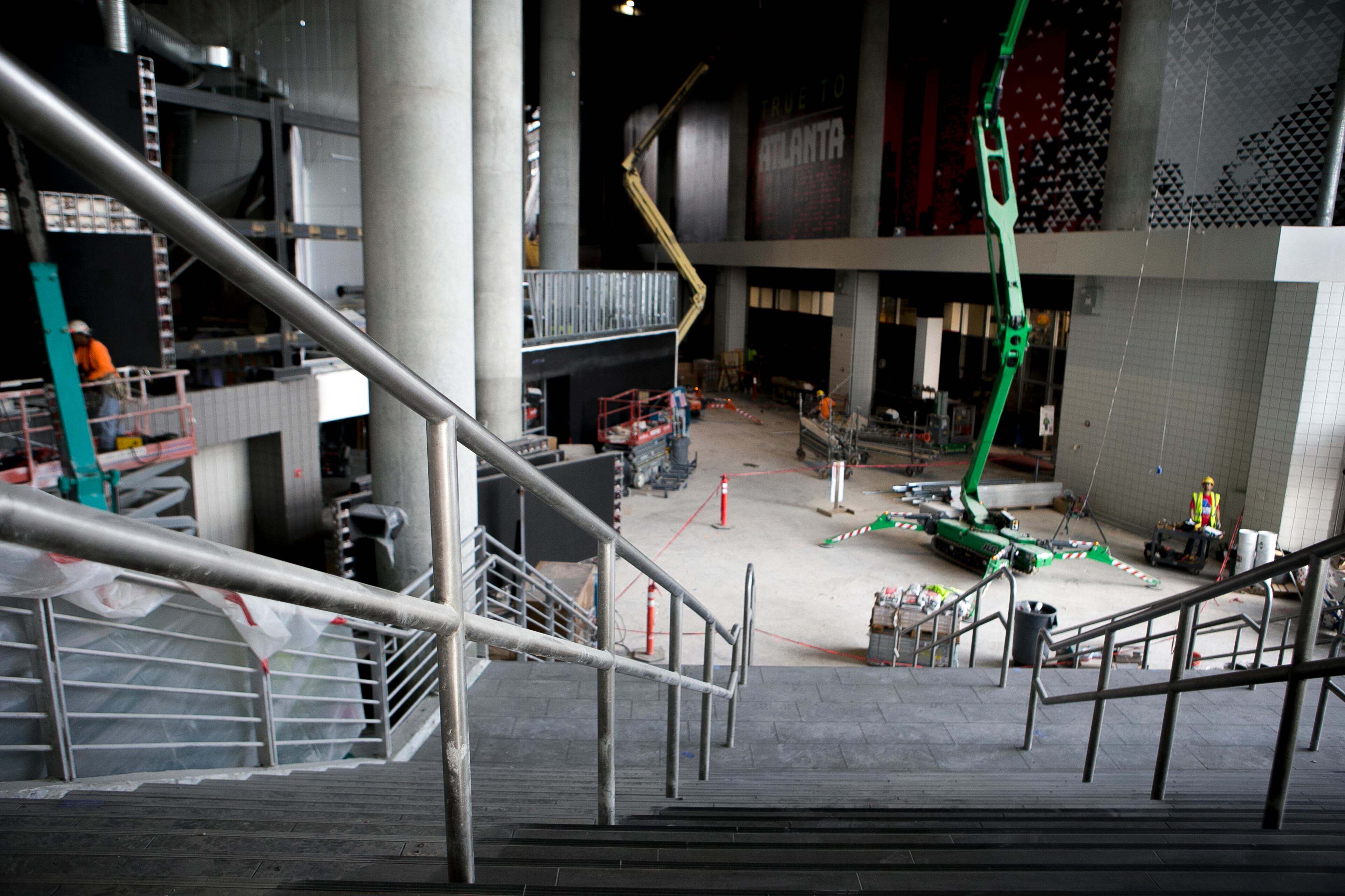 A stairway is shown during a guided media tour through the in-progress renovations at the State Farm Arena in Atlanta, Ga., on Thurs., Sept. 20, 2018. The renovations, which total $192.5 million, are on track to be completed by the arena's scheduled open house on October 20. The current rate of progress is about $1 million of work per day, according to Brett Stefansson, Atlanta Hawks executive vice president and general manager of State Farm Arena. (CASEY SYKES, CASEYLANESYKES@GMAIL.COM)