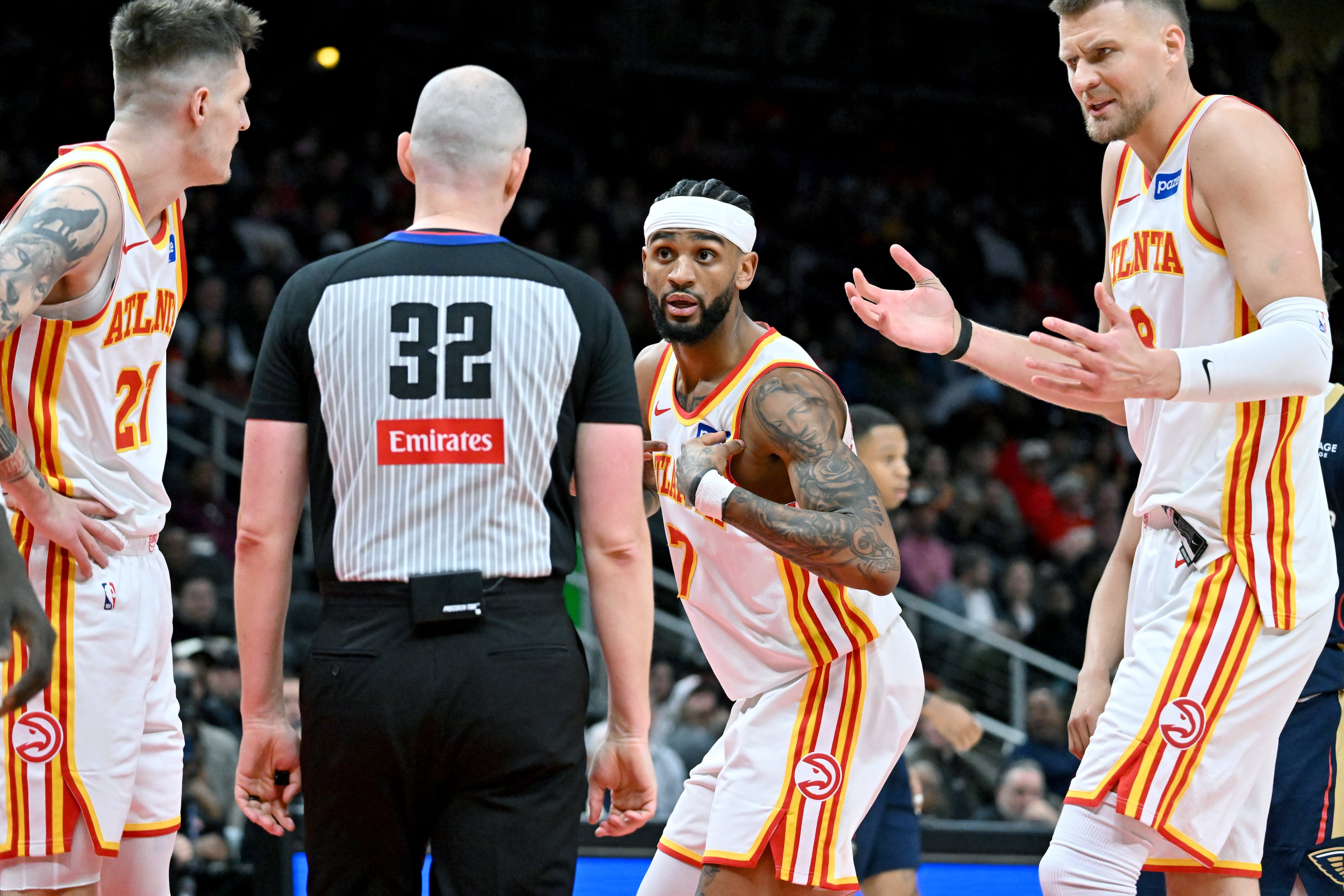 Atlanta Hawks guard Nickeil Alexander-Walker (7) appeals to a referee during the second half in an NBA basketball game at State Farm Arena, Wednesday, Jan. 7, 2026, in Atlanta. Atlanta Hawks won 117-100 over New Orleans Pelicans. (Hyosub Shin/AJC)