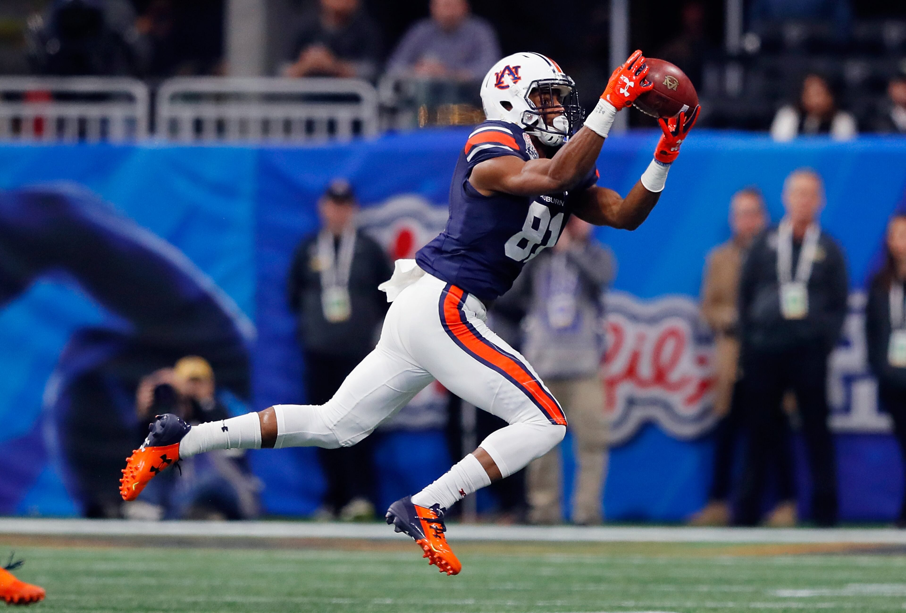 ATLANTA, GA - JANUARY 01: Darius Slayton #81 of the Auburn Tigers makes a reception in the first half against the UCF Knights during the Chick-fil-A Peach Bowl at Mercedes-Benz Stadium on January 1, 2018 in Atlanta, Georgia. (Photo by Kevin C. Cox/Getty Images)
