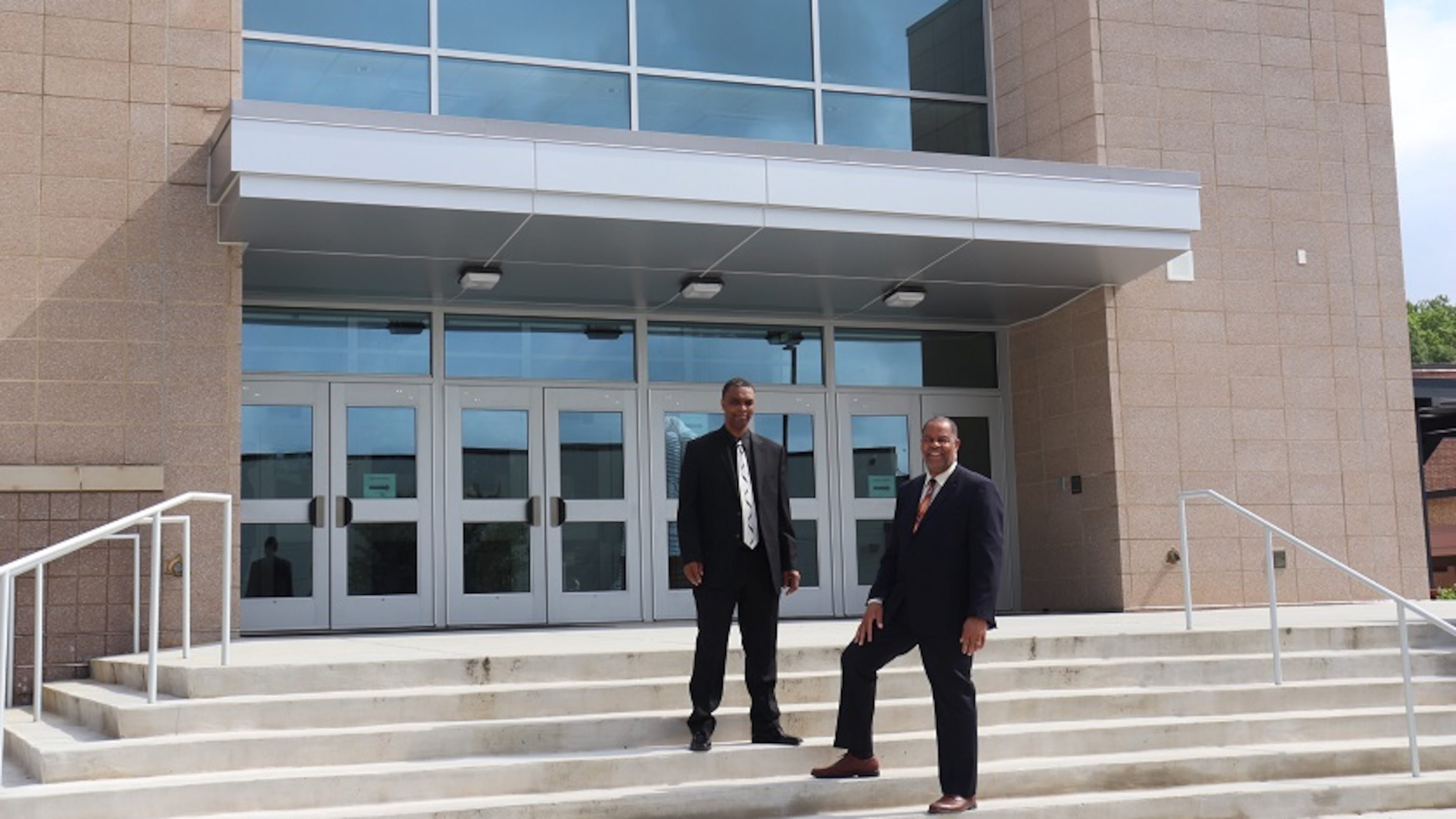 Campbell girls coach Randy McClure (left) and boys coach James Gwyn have been honored in the naming of Campbell's Gwyn-McClure Gymnasium, a 3,500-seat facility that opened in 2917-18.