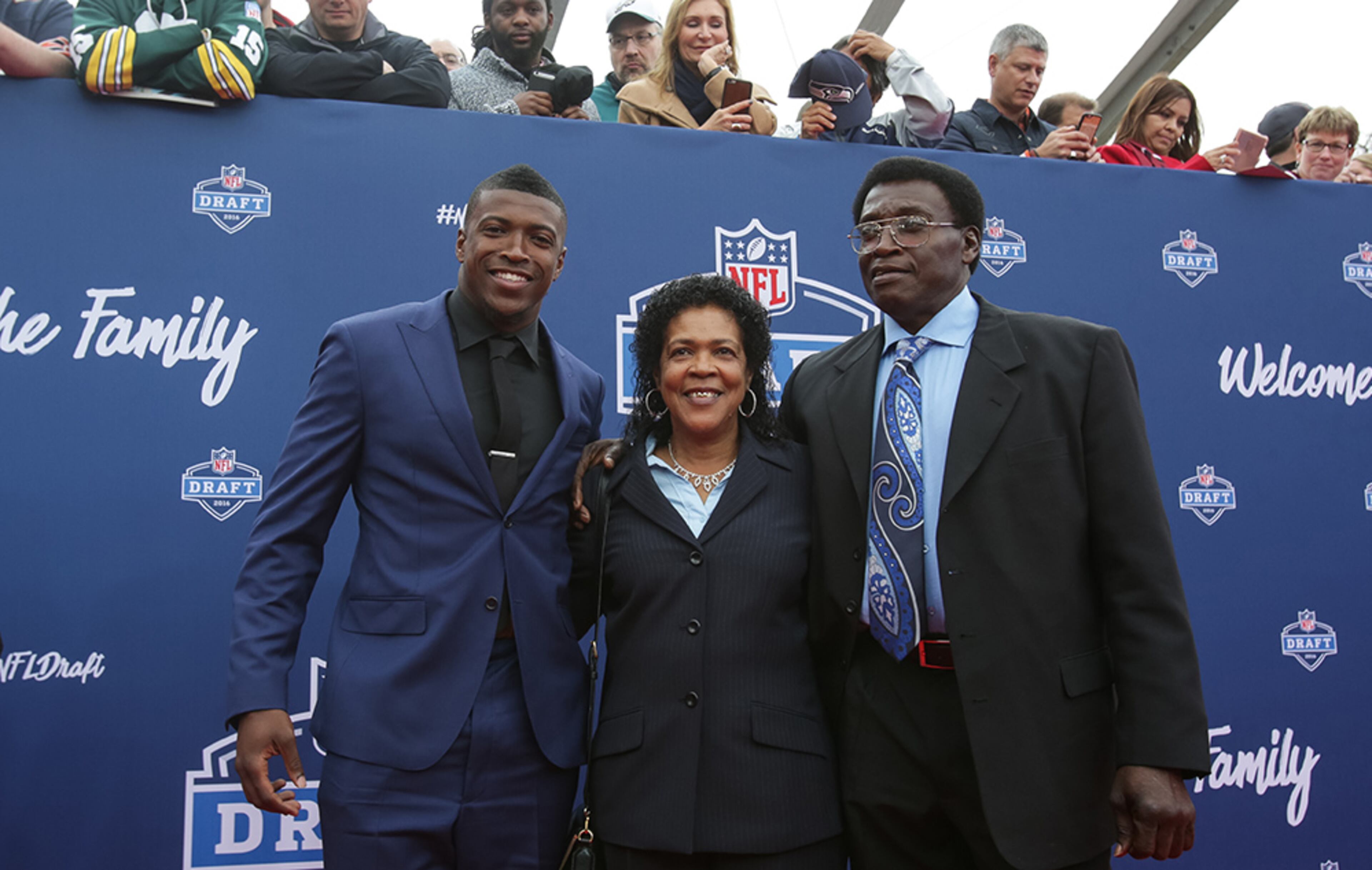 Keanu Neal, arriving with family to the 2016 NFL Draft in Chicago, is named after actor Keanu Reeves. An older sibling liked the name and his mother used it.