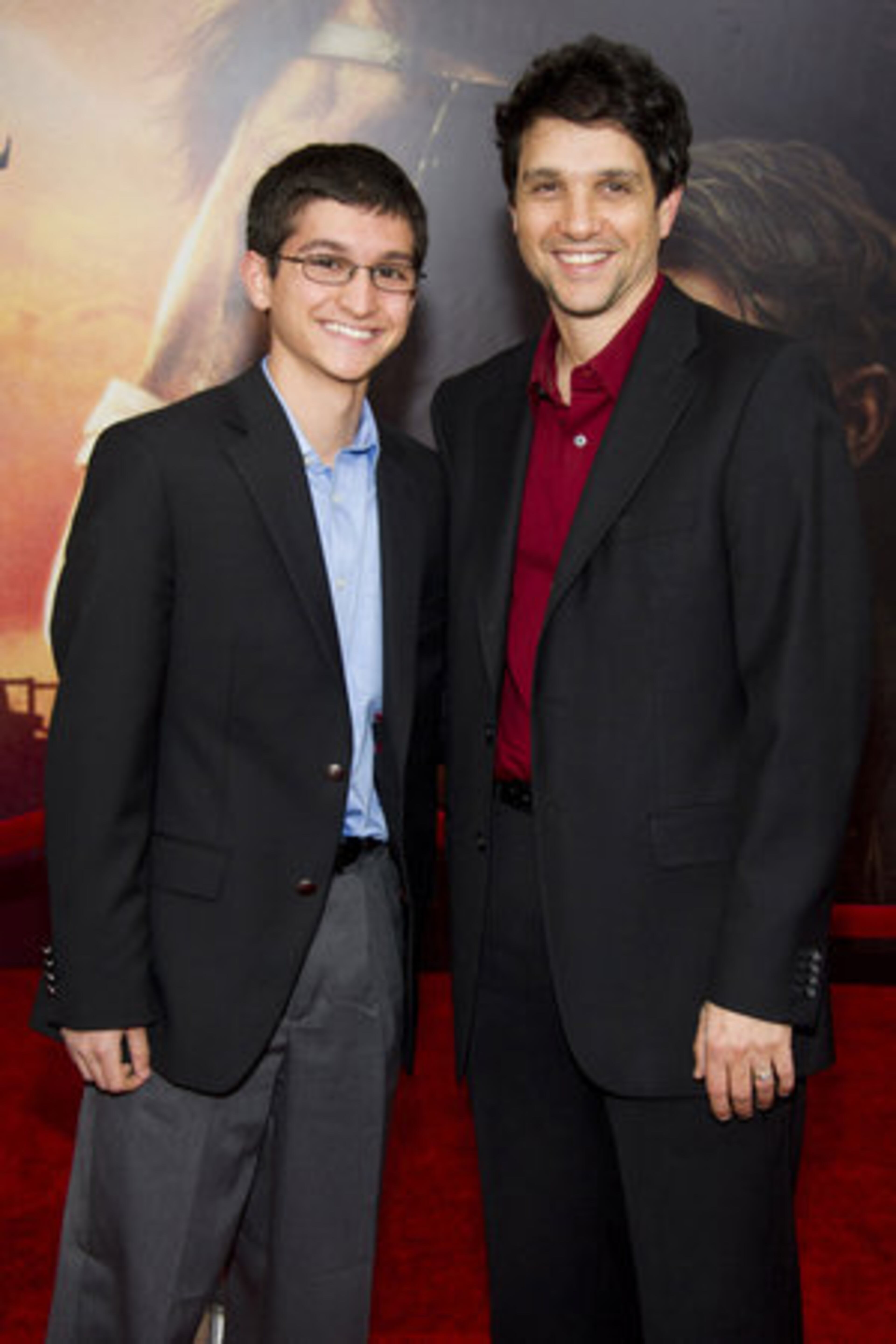 Ralph Macchio arrives at the premiere event with his son Daniel Macchio. That's right: "Daniel son" from "The Karate Kid" has a son named Daniel.
