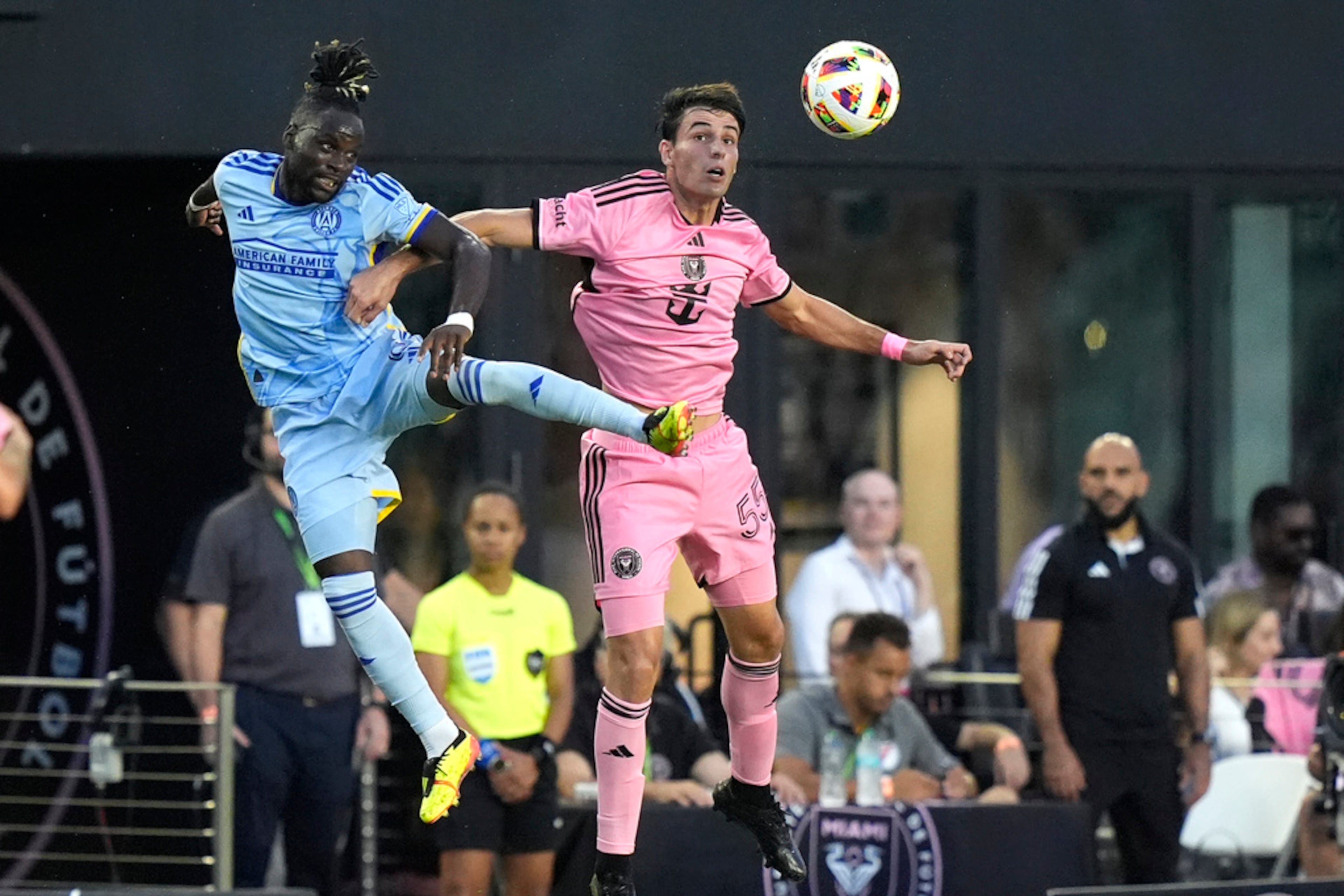 Inter Miami midfielder Federico Redondo, right, heads the ball next to Atlanta United midfielder Tristan Muyumba during the first half of an MLS soccer match Wednesday, May 29, 2024, in Fort Lauderdale, Fla. (AP Photo/Lynne Sladky)