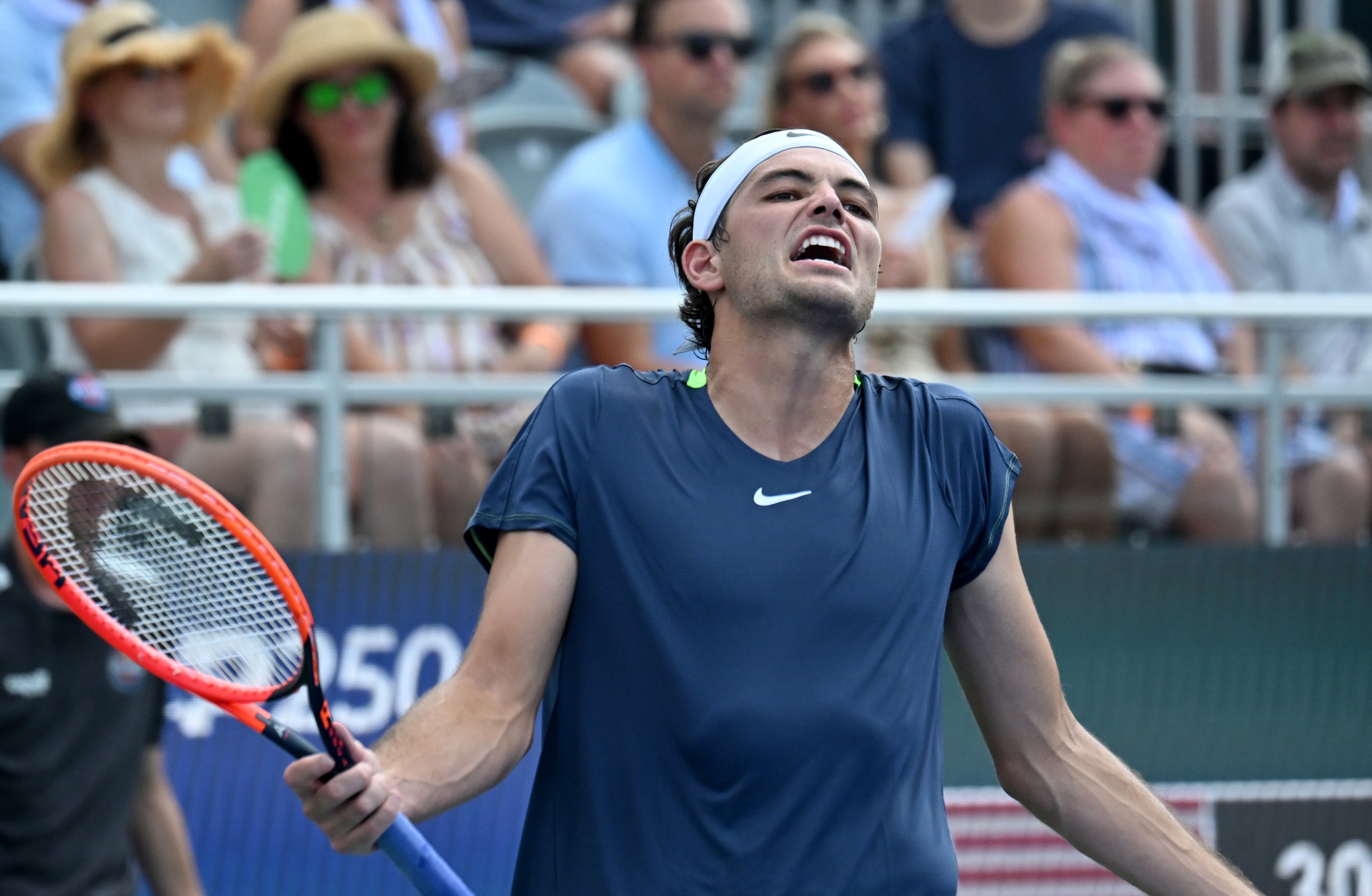 Taylor Fritz reacts after a play against J.J. Wolf during a semifinal match at the 2023 Atlanta Tennis Open at Atlantic Station, Saturday, July 29, 2023, in Atlanta. (Hyosub Shin / Hyosub.Shin@ajc.com)