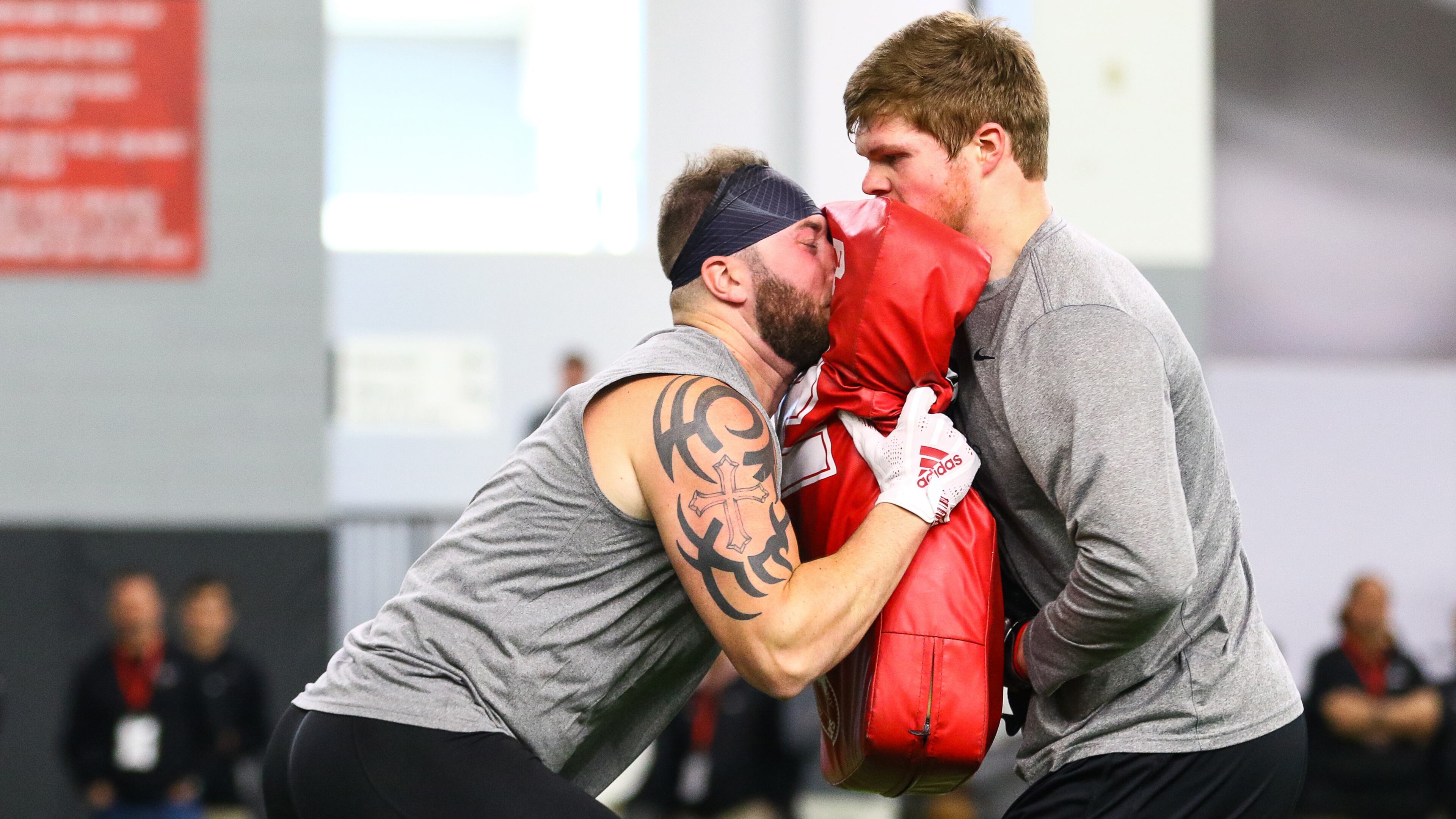 Georgia tight end Isaac Nauta (left) during Georgia's Pro Day Wednesday, March 20, 2019, in Athens.