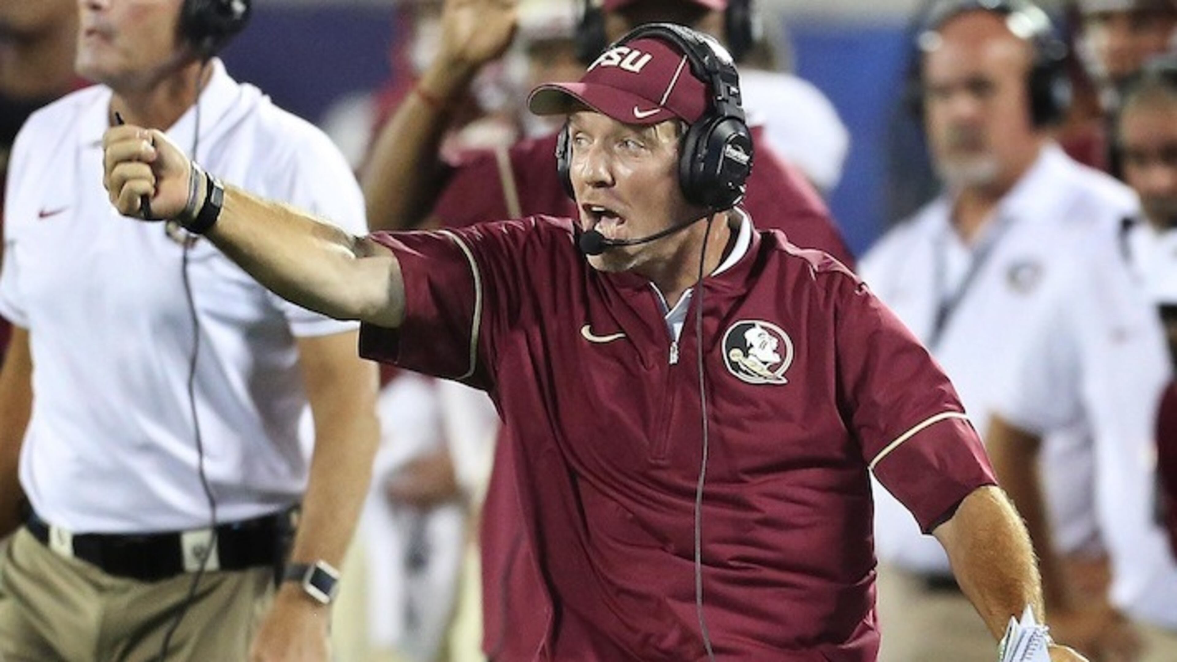 FSU head coach Jimbo Fisher yells during the Florida State versus University of Mississippi college football game at Camping World Stadium in Orlando on Monday, September 5, 2016. (Stephen M. Dowell/Orlando Sentinel/TNS)