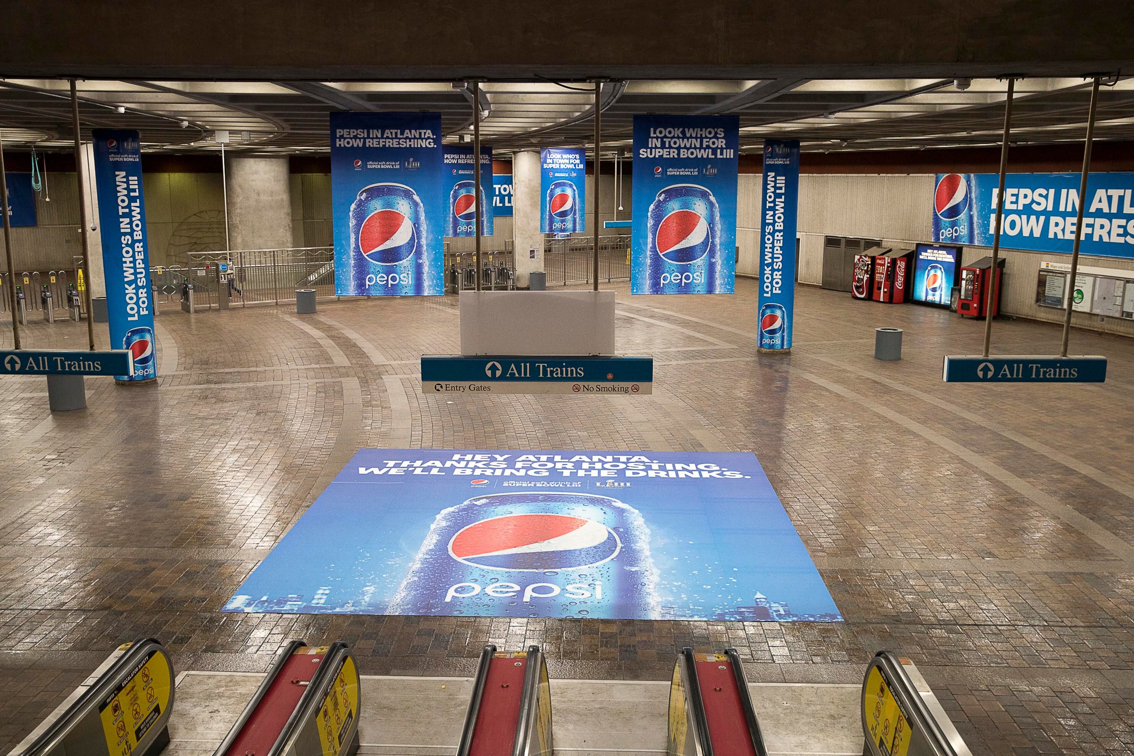 01/16/2019 -- Atlanta, Georgia -- Pepsi advertisements are displayed throughout the MARTA Dome/GWCC/Philips Arena/CNN Center Transit Station in Atlanta, Wednesday, January 16, 2019. (ALYSSA POINTER/ALYSSA.POINTER@AJC.COM)