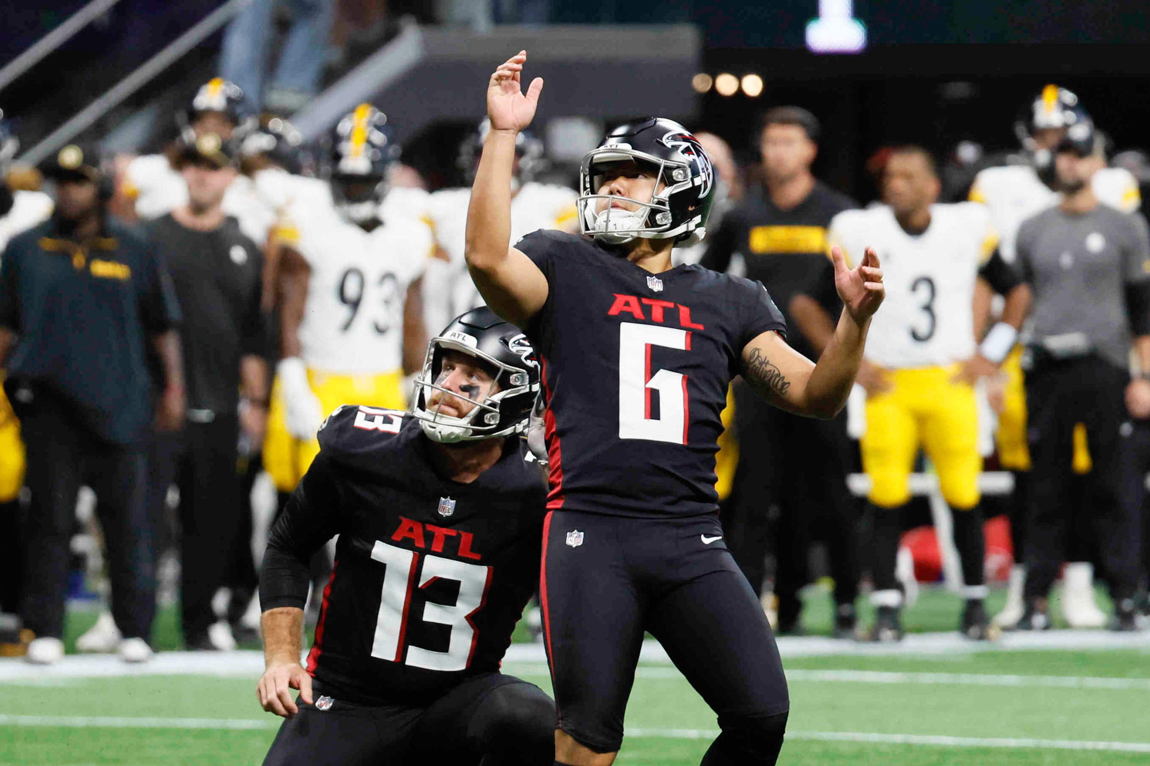 Falcons kicker Younghoe Koo (6) kicks a field goal during the first half of an NFL football game against the Steelers on Sunday, Sept. 8, at Mercedes-Benz Stadium in Atlanta.
(Miguel Martinez/ AJC)