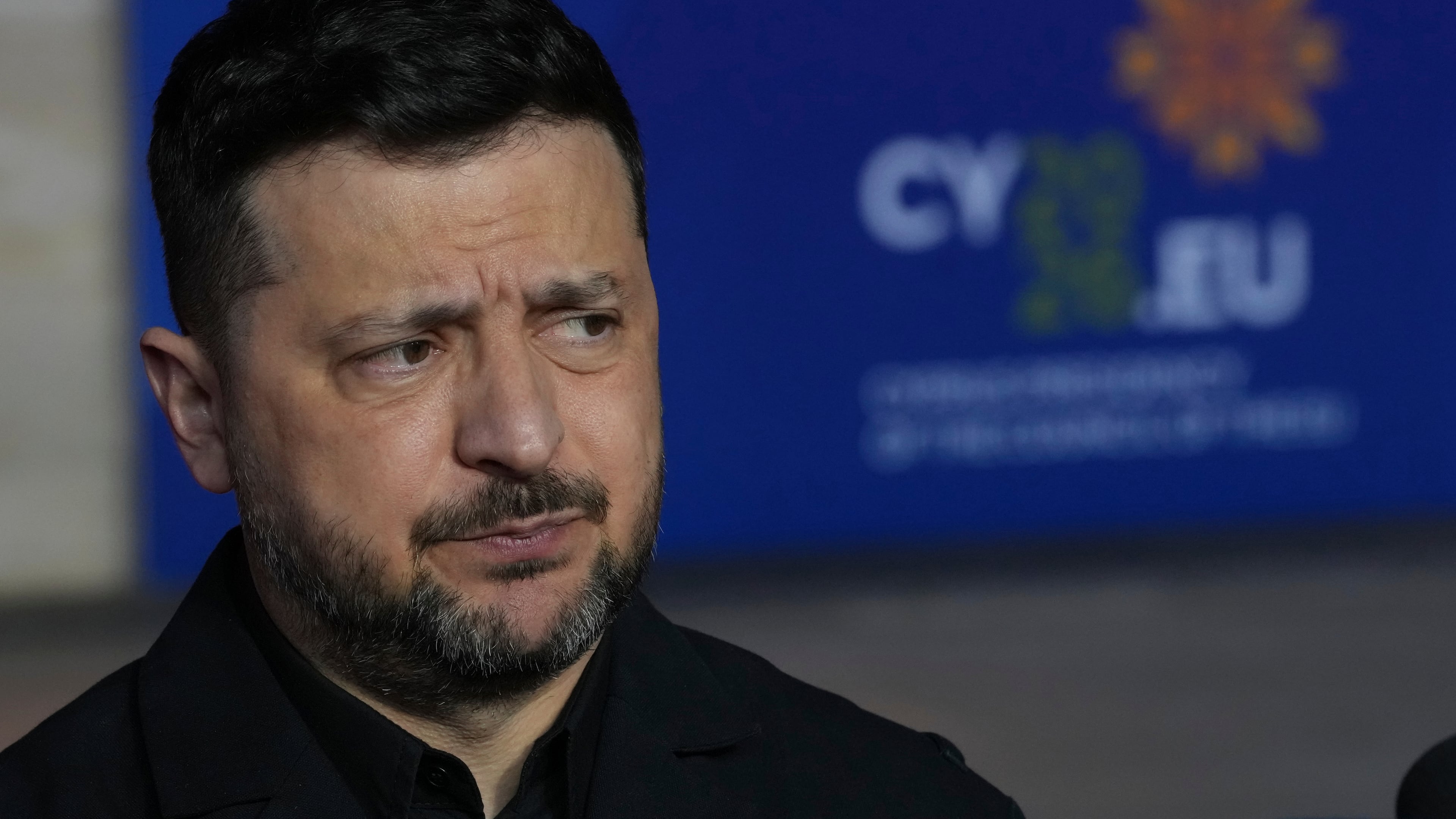Ukraine's President Volodymyr Zelenskyy makes statements as he arrives for the EU Summit in Ayia Napa, Cyprus, Thursday, April 23, 2026. (AP Photo/Petros Karadjias)