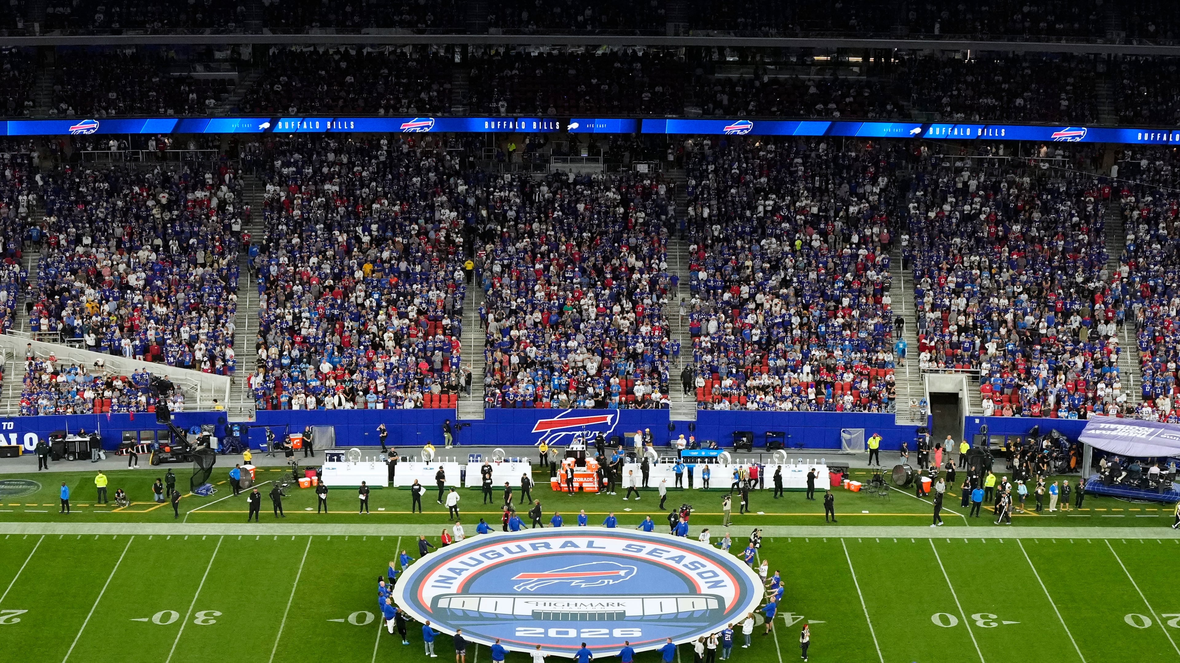An inuagural season sign is shown on the field at Highmark Stadium before an NFL football game between the Buffalo Bills and Detroit Lions in Orchard Park, N.Y., Thursday, Sept. 17, 2026. (AP Photo/Sue Ogrocki)