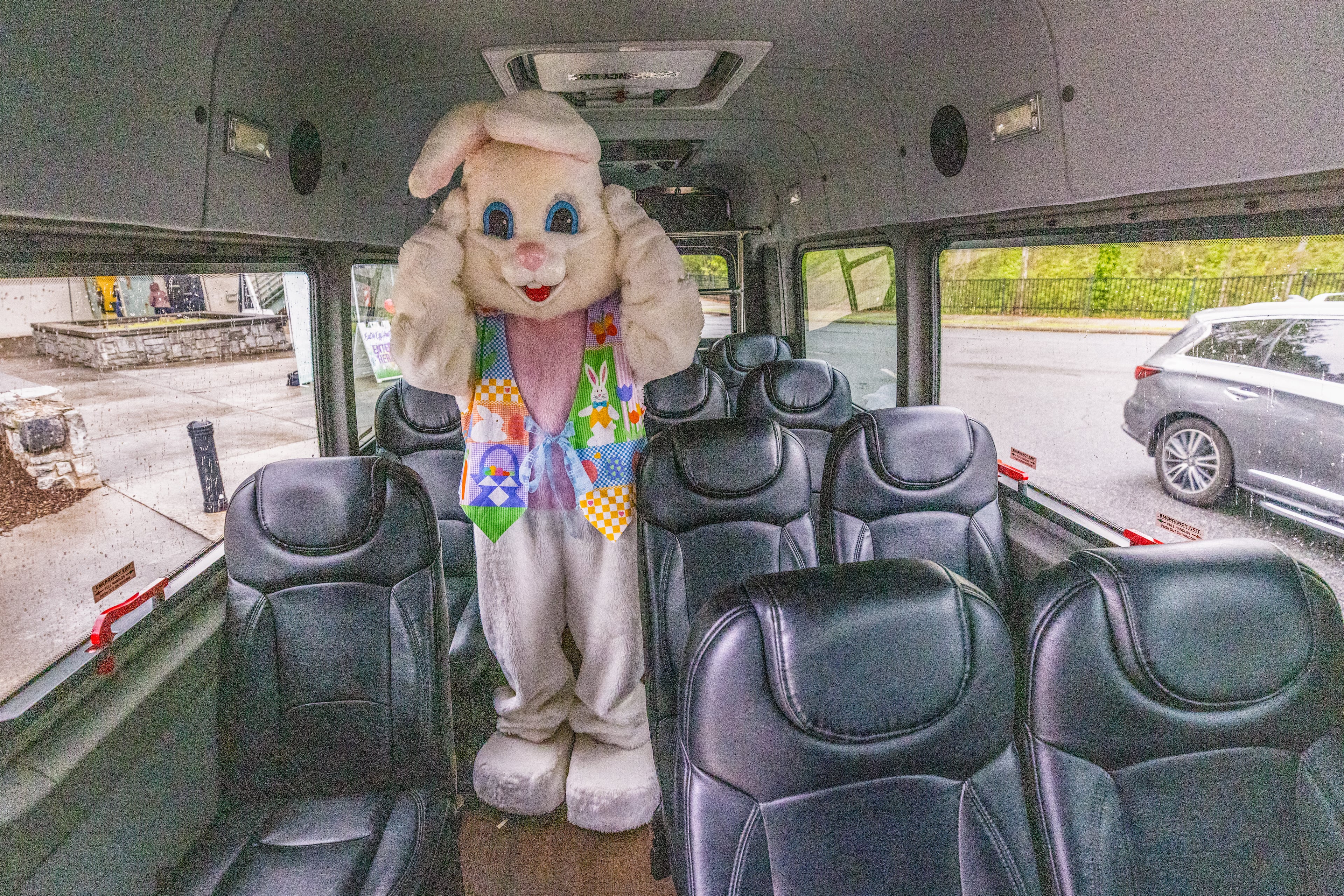 Sophie Hughes gets in her bunny outfit before the start of the Mason Mill Park and Bridgepoint Church indoor Easter egg hunt Saturday, April 8, 2023. (Steve Schaefer/steve.schaefer@ajc.com)