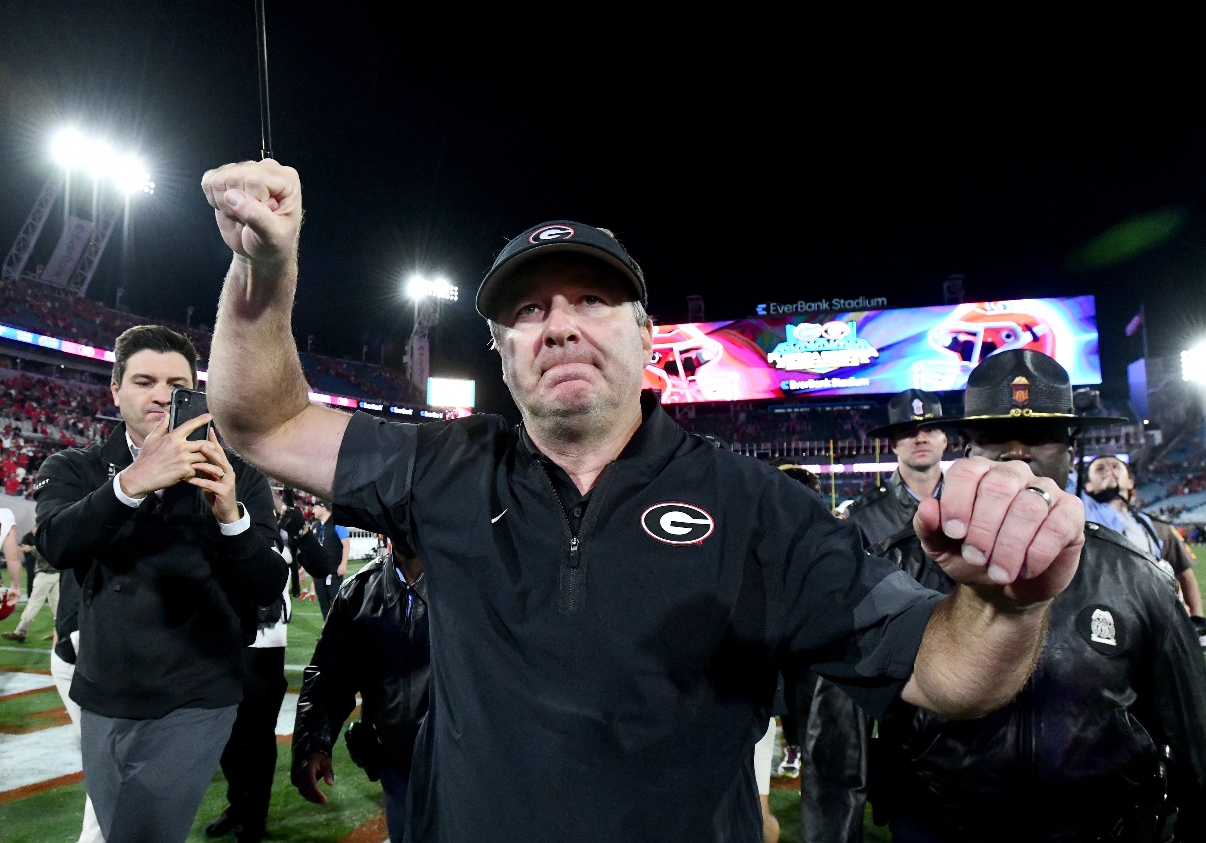 Georgia head coach Kirby Smart celebrates as he leaves the football field during an NCAA football game, Saturday, November 1, 2025, Jacksonville, Fla. Georgia won 24-20 over Florida. (Hyosub Shin / AJC)