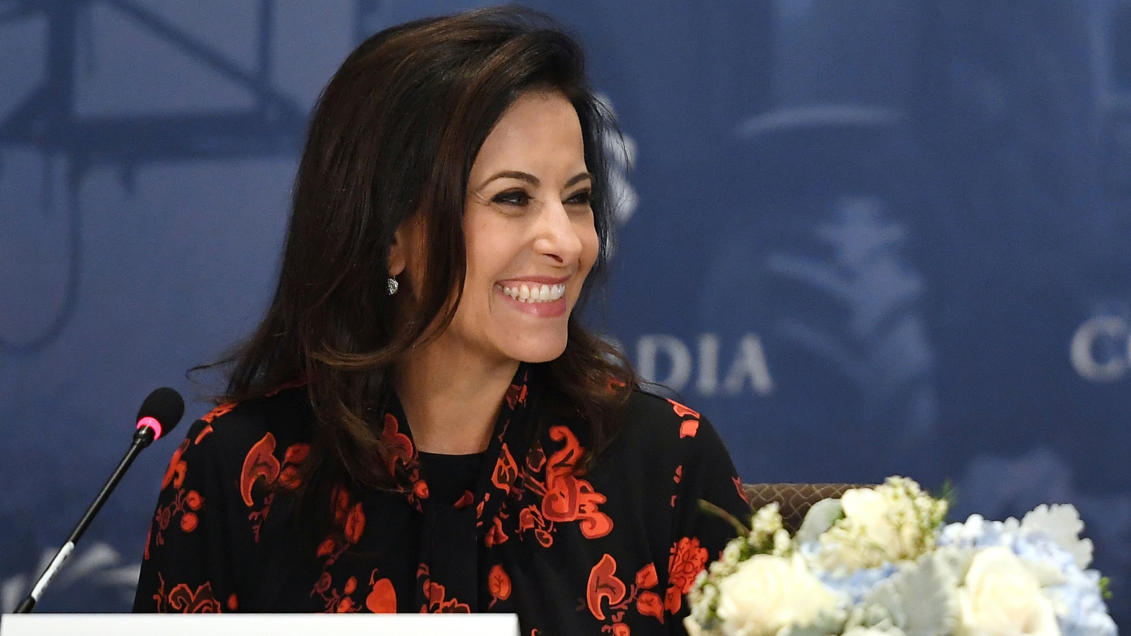 FILE Former counselor to the President of the United States Dina Powell McCormick smiles during the Women's Global Development and Prosperity (W-GDP) Initiative Roundtable, Sept. 23, 2019, in New York. (AP Photo/Sarah Stier, File)